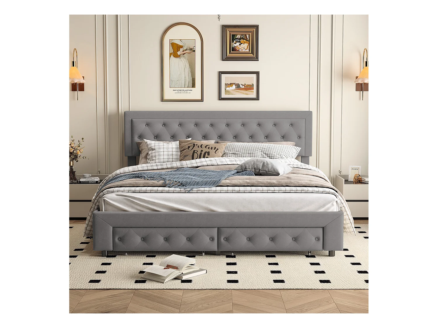 Tweepersoonsbed 160 x 200 cm met opbergruimte en lades, fluweel, lattenbodem, hydraulisch bed, grijs