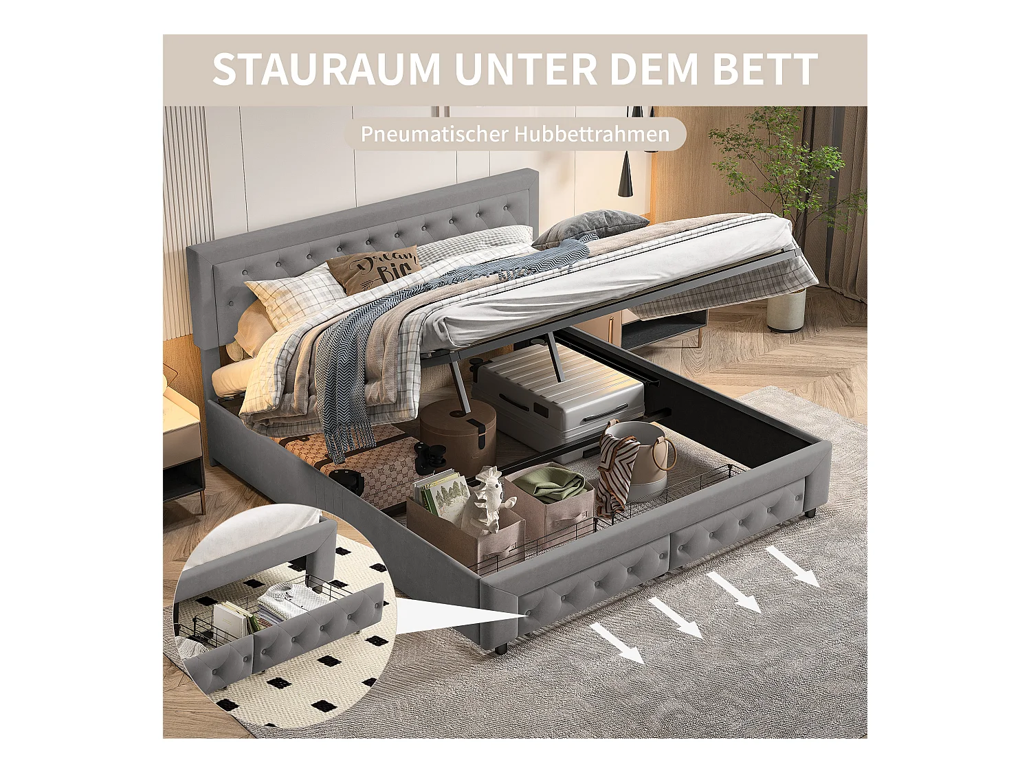 Tweepersoonsbed 160 x 200 cm met opbergruimte en lades, fluweel, lattenbodem, hydraulisch bed, grijs