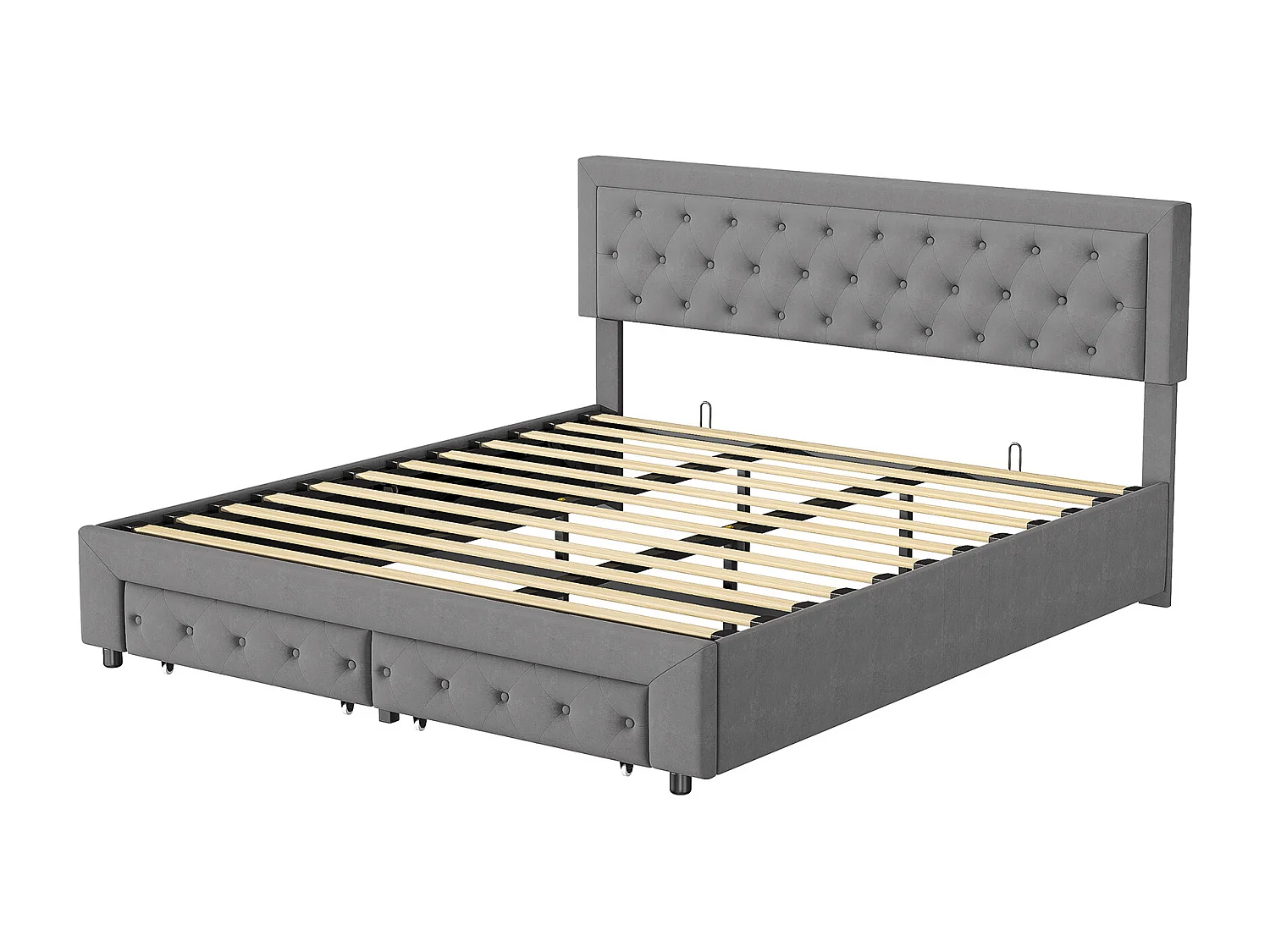 Doppelbett 160 x 200 cm mit Stauraum und Schubladen, Samt, Lattenrost, Hydraulisches Bett, Grau