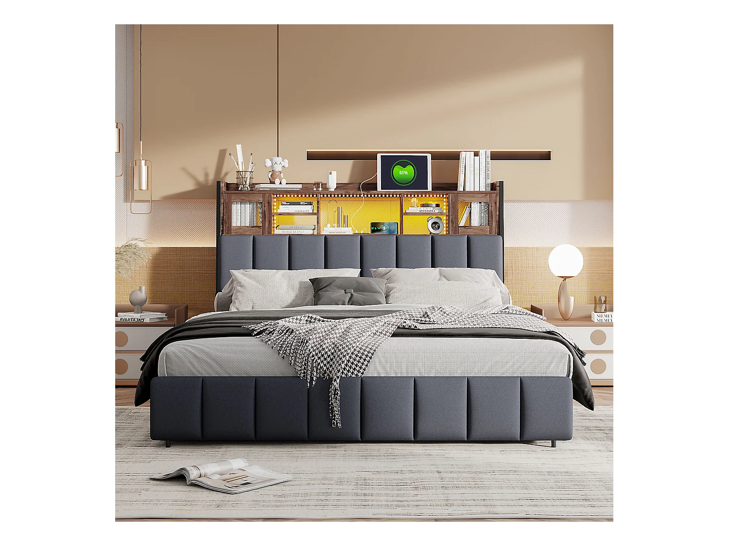 Cama estofada 140x200cm com USB e tomadas, cama de casal com 4 gavetas, cama com arrumação e LED, linho, preto