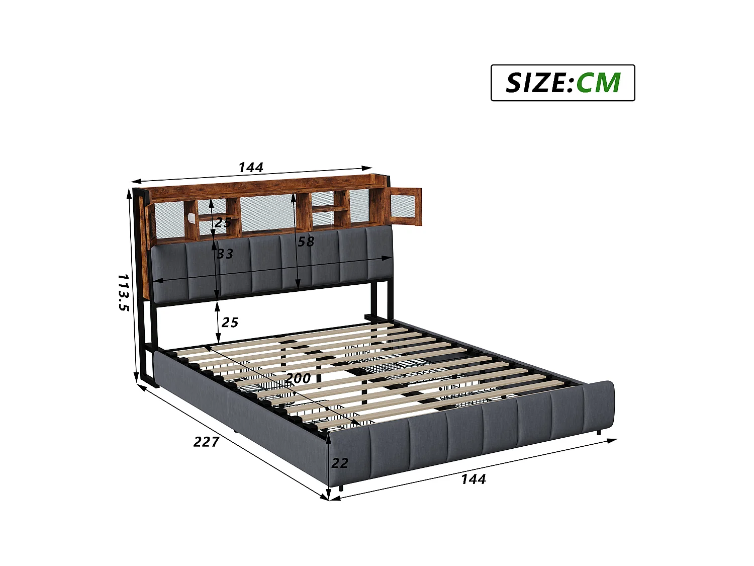 Cama estofada 140x200cm com USB e tomadas, cama de casal com 4 gavetas, cama com arrumação e LED, linho, preto