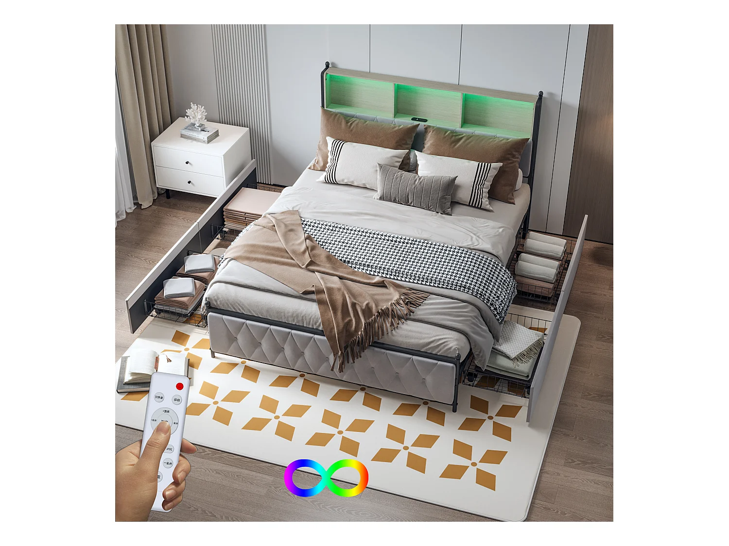 Doppelbett 140 x 200 cm, 4 Schubladen, USB-/Typ-C-Anschlüsse, LED-Beleuchtung, Lattenrost, beiger Samt.