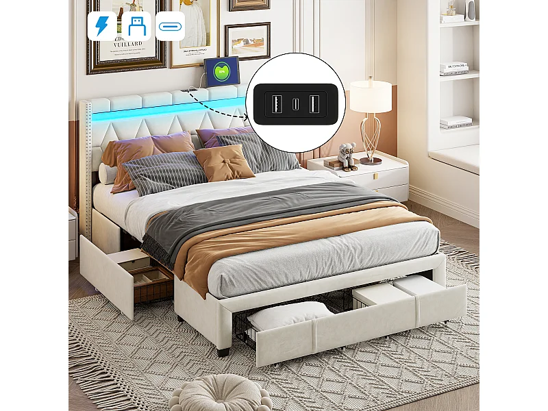 Lit Double 140x200 Cm, 4 Tiroirs Métal, LED + USB, Chevet Losange, Lin Beige