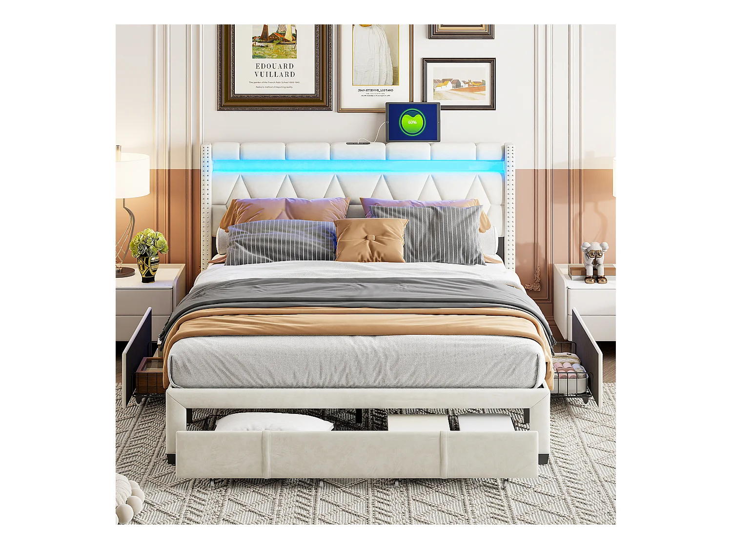 Doppelbett 140x200 cm, 4 Metallschubladen, LED + USB, Diamant-Nachttisch, Beiges Leinen