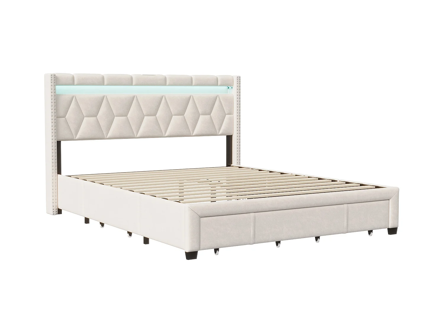 Doppelbett 140x200 cm, 4 Metallschubladen, LED + USB, Diamant-Nachttisch, Beiges Leinen