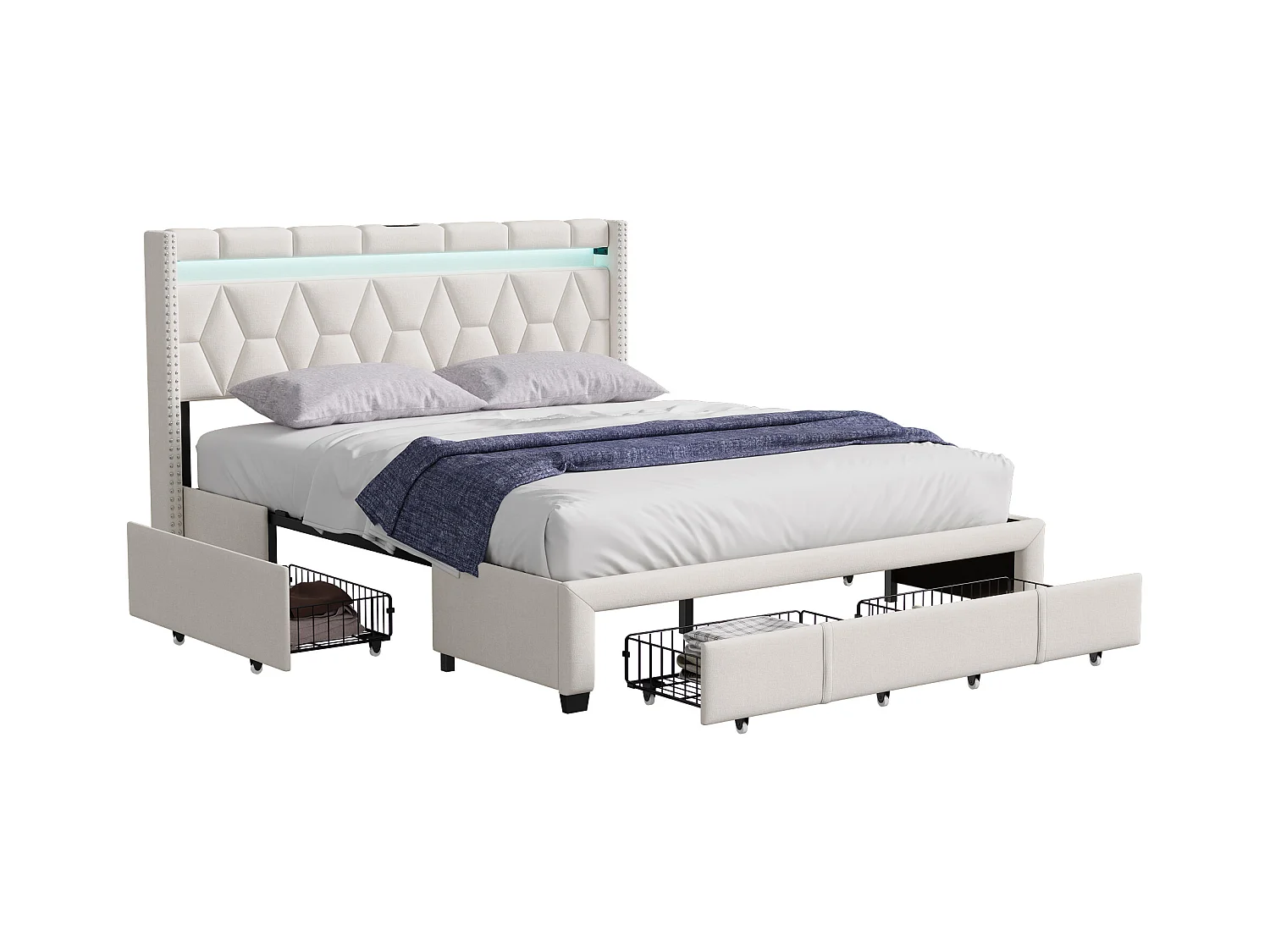 Tweepersoonsbed 140x200 cm, 4 metalen lades, LED + USB, nachtkastje in diamantvorm, beige linnen