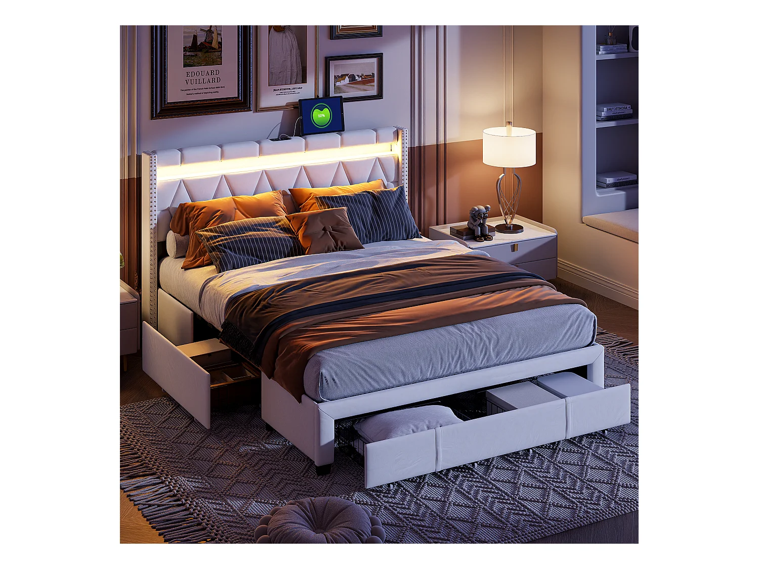 Tweepersoonsbed 140x200 cm, 4 metalen lades, LED + USB, nachtkastje in diamantvorm, beige linnen