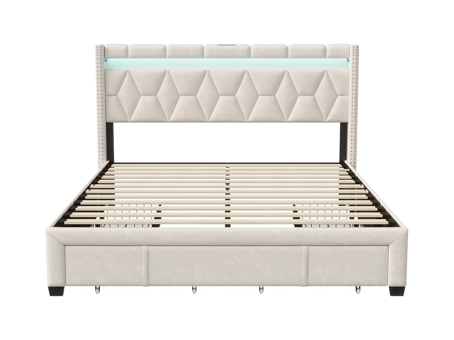Tweepersoonsbed 140x200 cm, 4 metalen lades, LED + USB, nachtkastje in diamantvorm, beige linnen