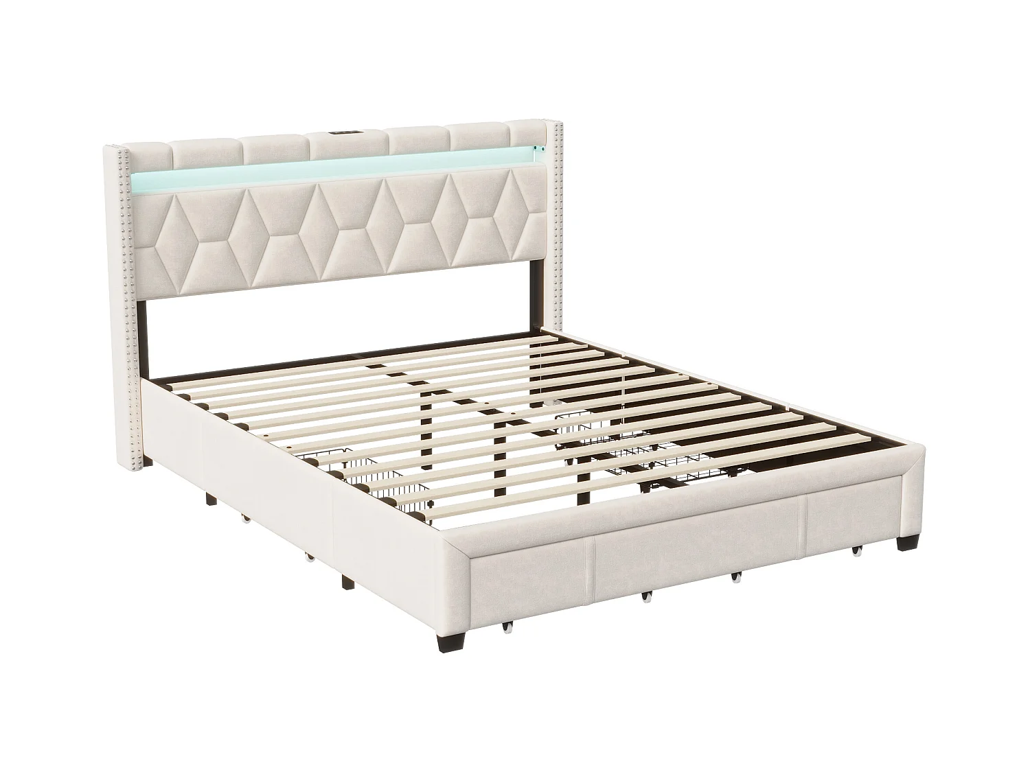 Lit Rembourré Lit Double 160x200cm Avec 4 Tiroirs Et LED, USB, Cadre De Lit, Lin Beige