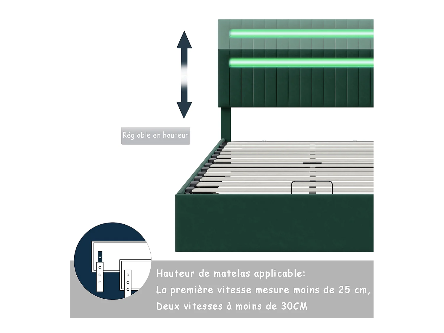 Doppelbett 160 x 200 cm, mit Hydraulik und LED, grüner Samt, höhenverstellbares Kopfteil