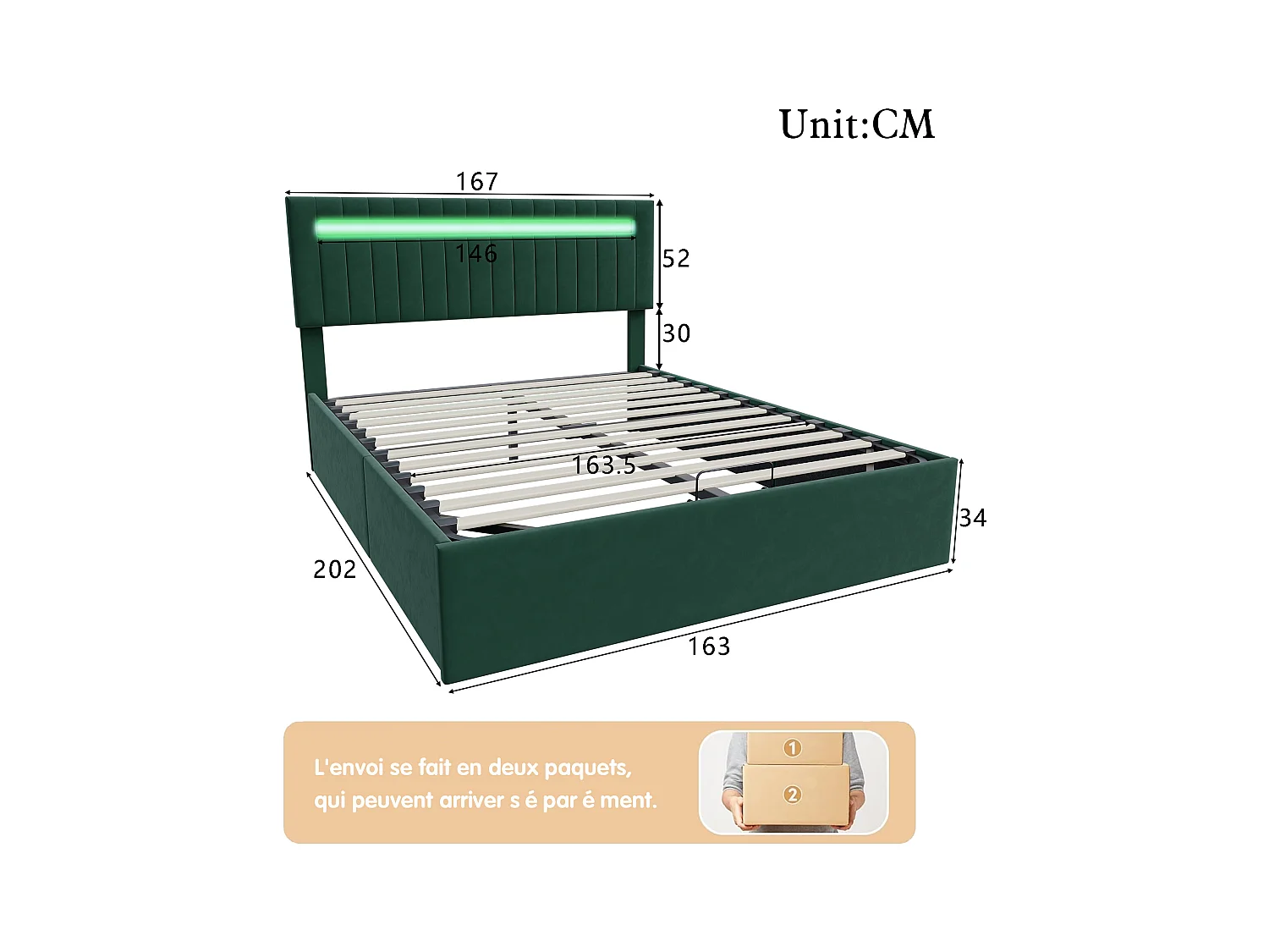 Doppelbett 160 x 200 cm, mit Hydraulik und LED, grüner Samt, höhenverstellbares Kopfteil