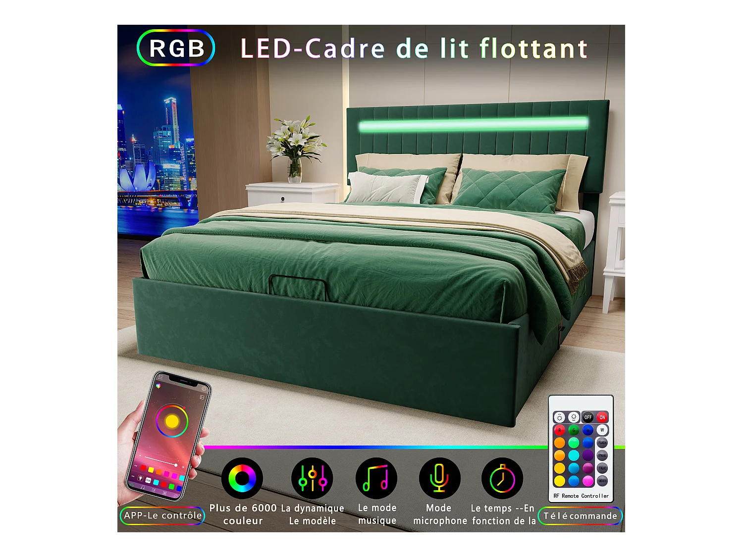 Doppelbett 160 x 200 cm, mit Hydraulik und LED, grüner Samt, höhenverstellbares Kopfteil