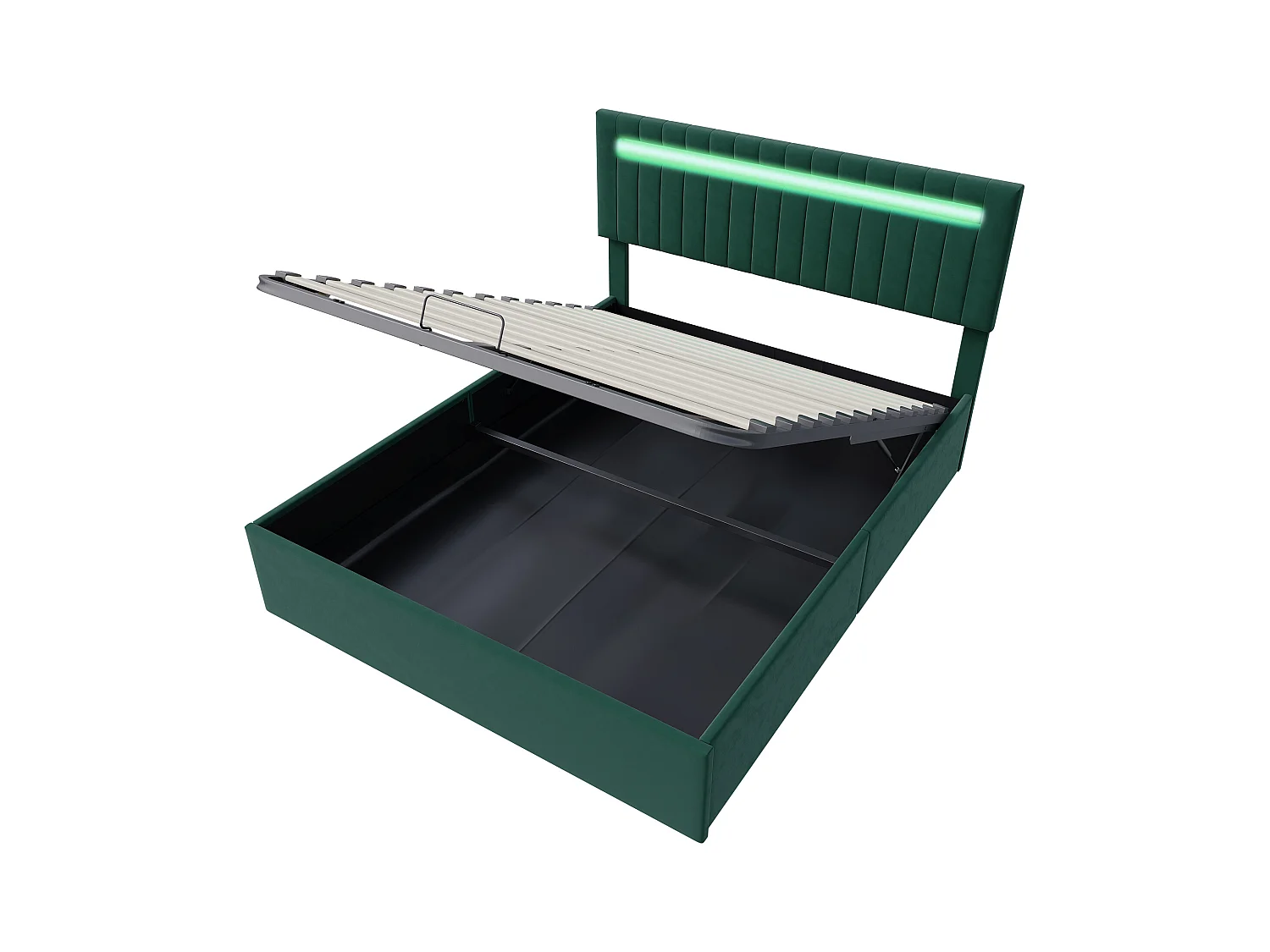 Doppelbett 160 x 200 cm, mit Hydraulik und LED, grüner Samt, höhenverstellbares Kopfteil