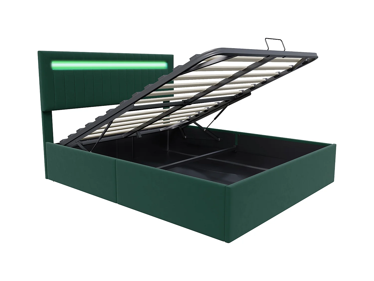 Doppelbett 160 x 200 cm, mit Hydraulik und LED, grüner Samt, höhenverstellbares Kopfteil