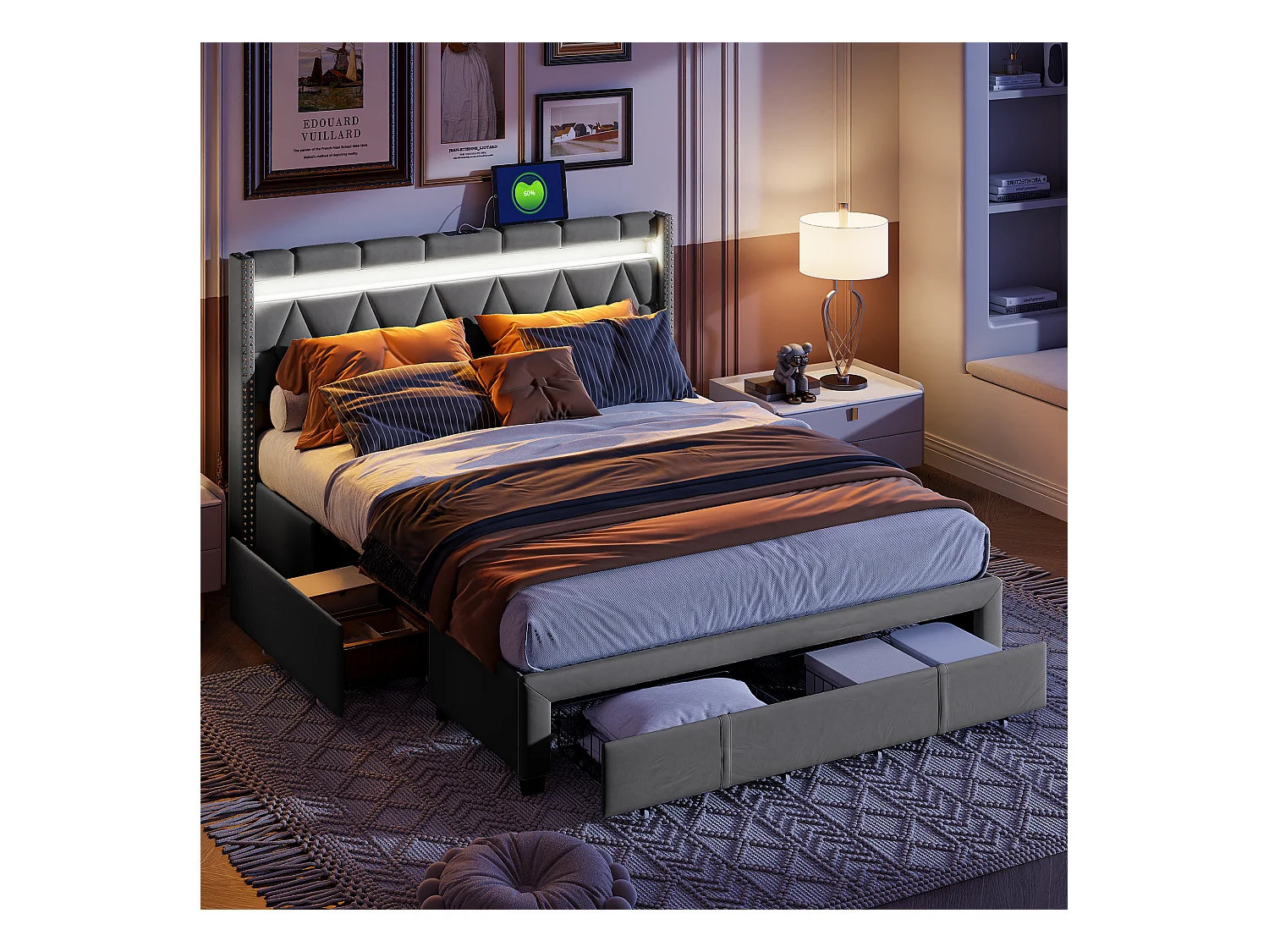 Lit Double 140x200 Cm, 4 Tiroirs Métal, LED + USB, Chevet Losange, Lin Gris