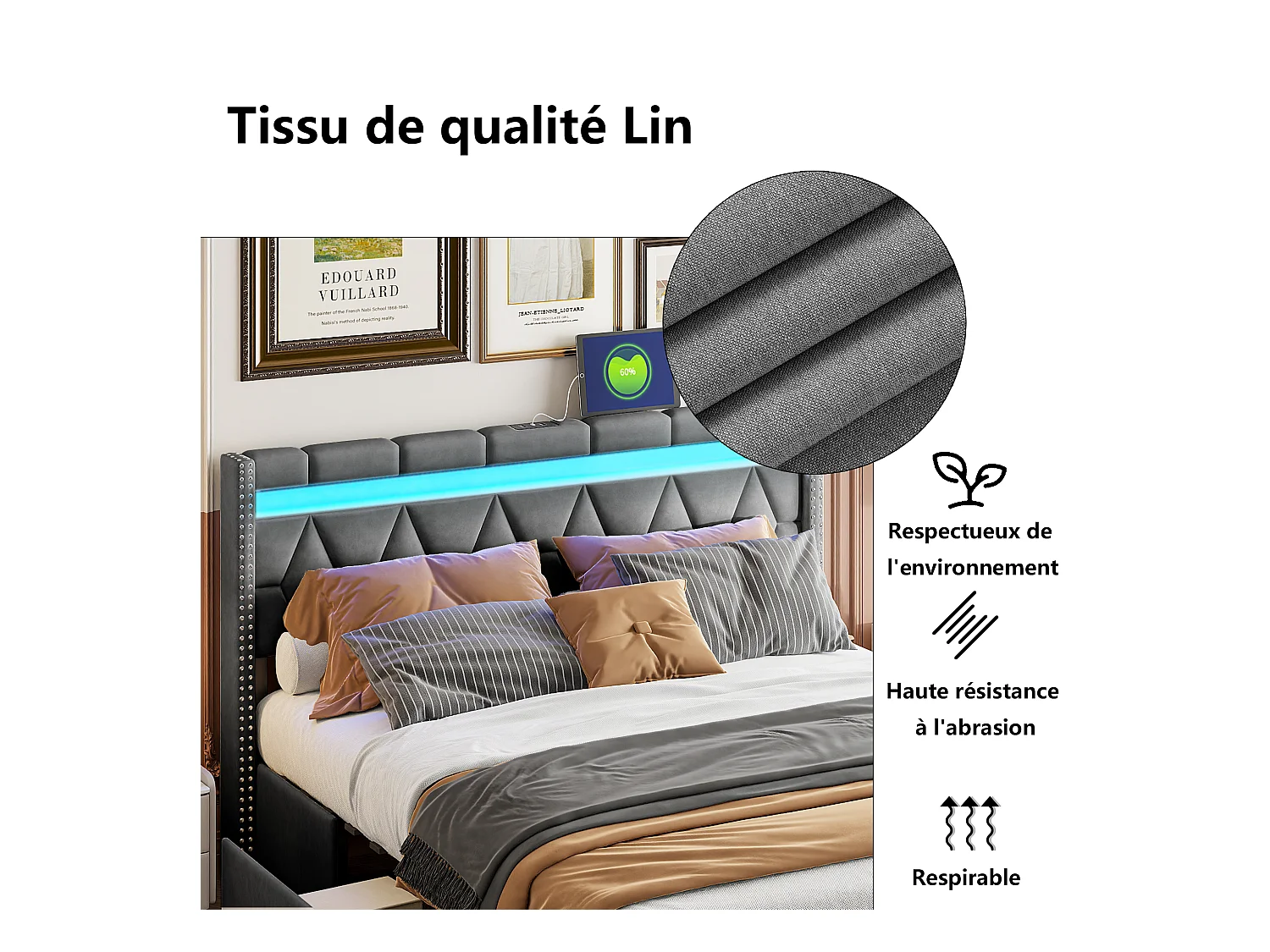 Tweepersoonsbed 140x200 cm, 4 metalen lades, LED + USB, nachtkastje in diamantvorm, grijs linnen