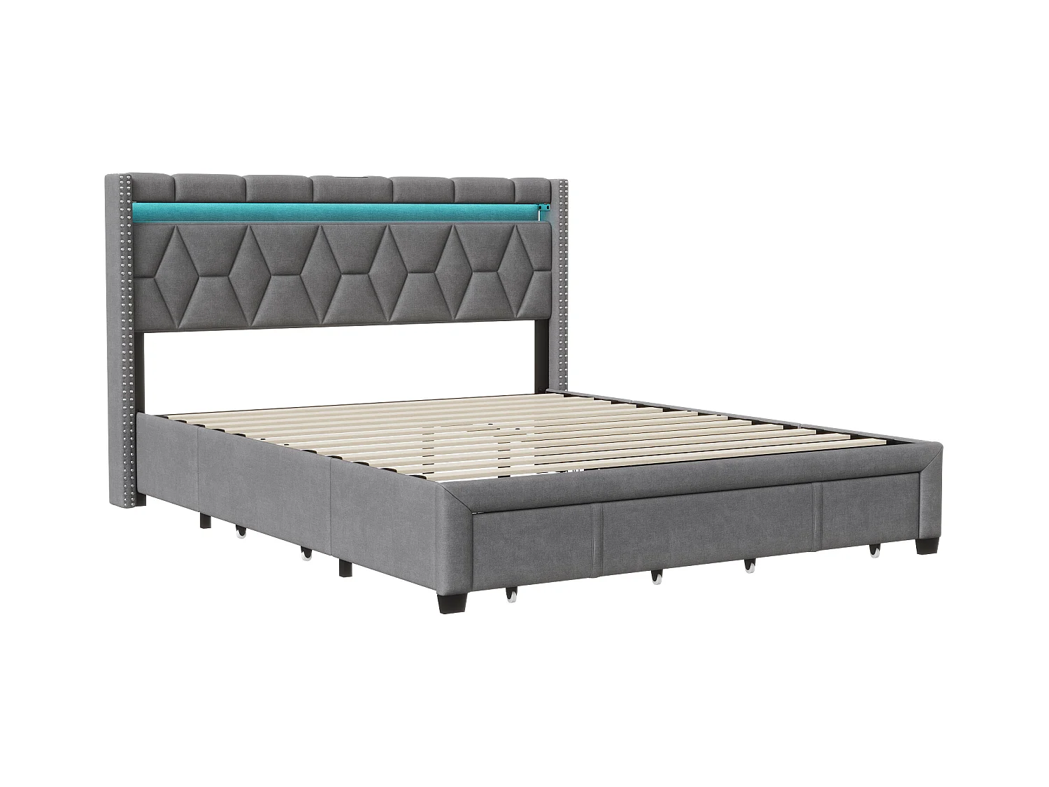 Tweepersoonsbed 140x200 cm, 4 metalen lades, LED + USB, nachtkastje in diamantvorm, grijs linnen