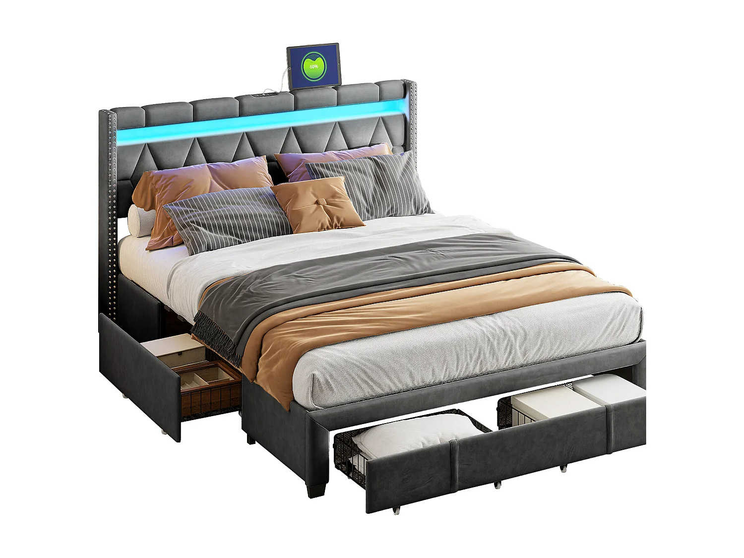 Tweepersoonsbed 140x200 cm, 4 metalen lades, LED + USB, nachtkastje in diamantvorm, grijs linnen