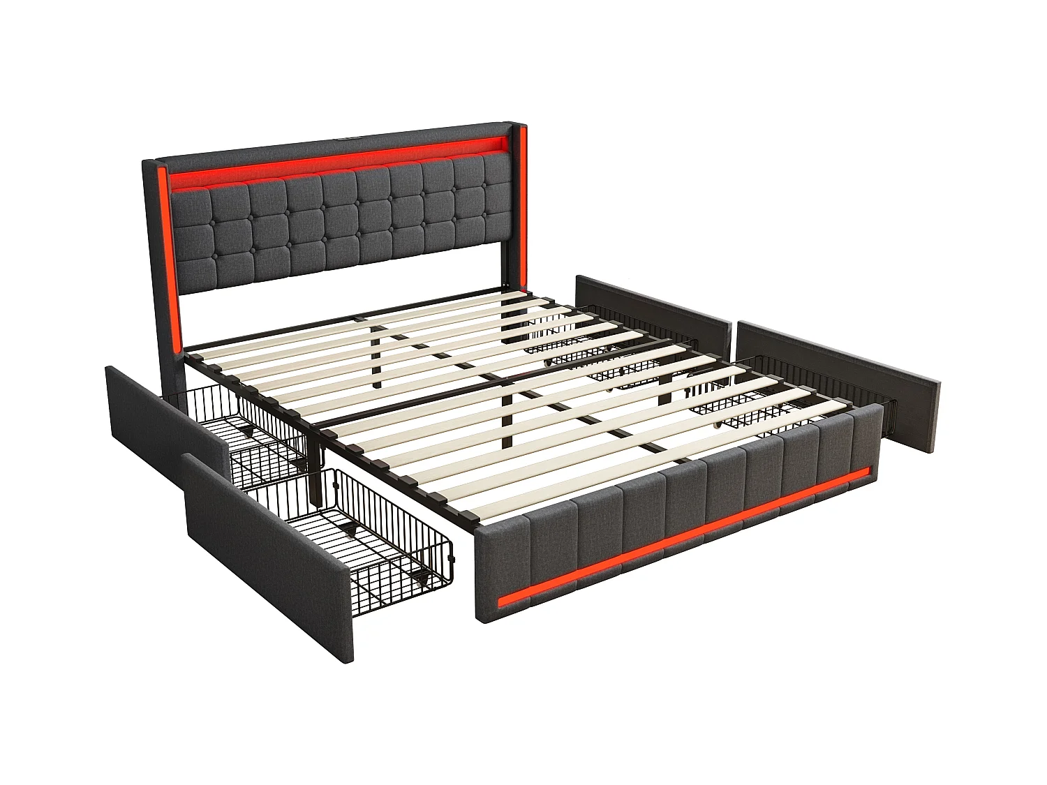 Doppelbett 140x200 cm Grau, LED, USB, 4 Metallschubladen, Leinen, praktisch und modern für Erwachsene