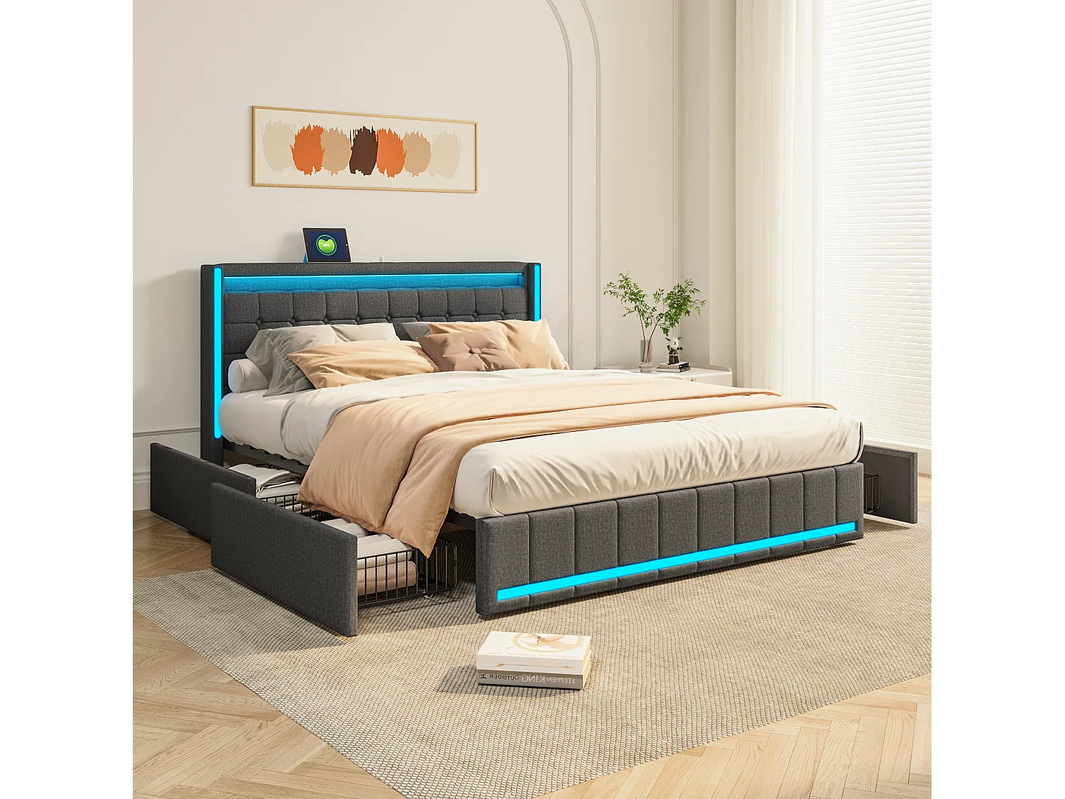Cama de casal 140x200 cm cinza, LED, USB, 4 gavetas de metal, linho, prática e moderna para adultos