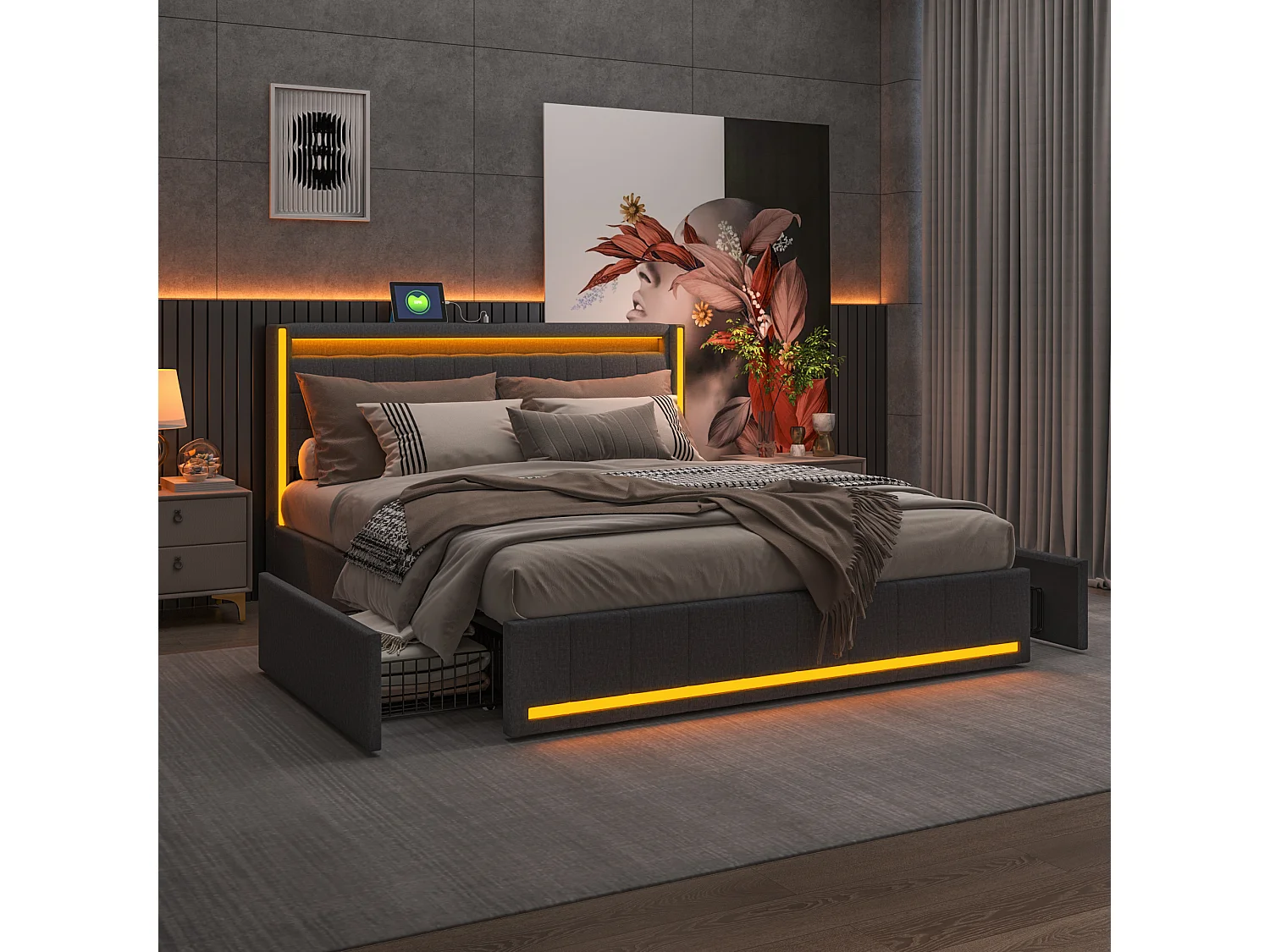 Cama de casal 140x200 cm cinza, LED, USB, 4 gavetas de metal, linho, prática e moderna para adultos