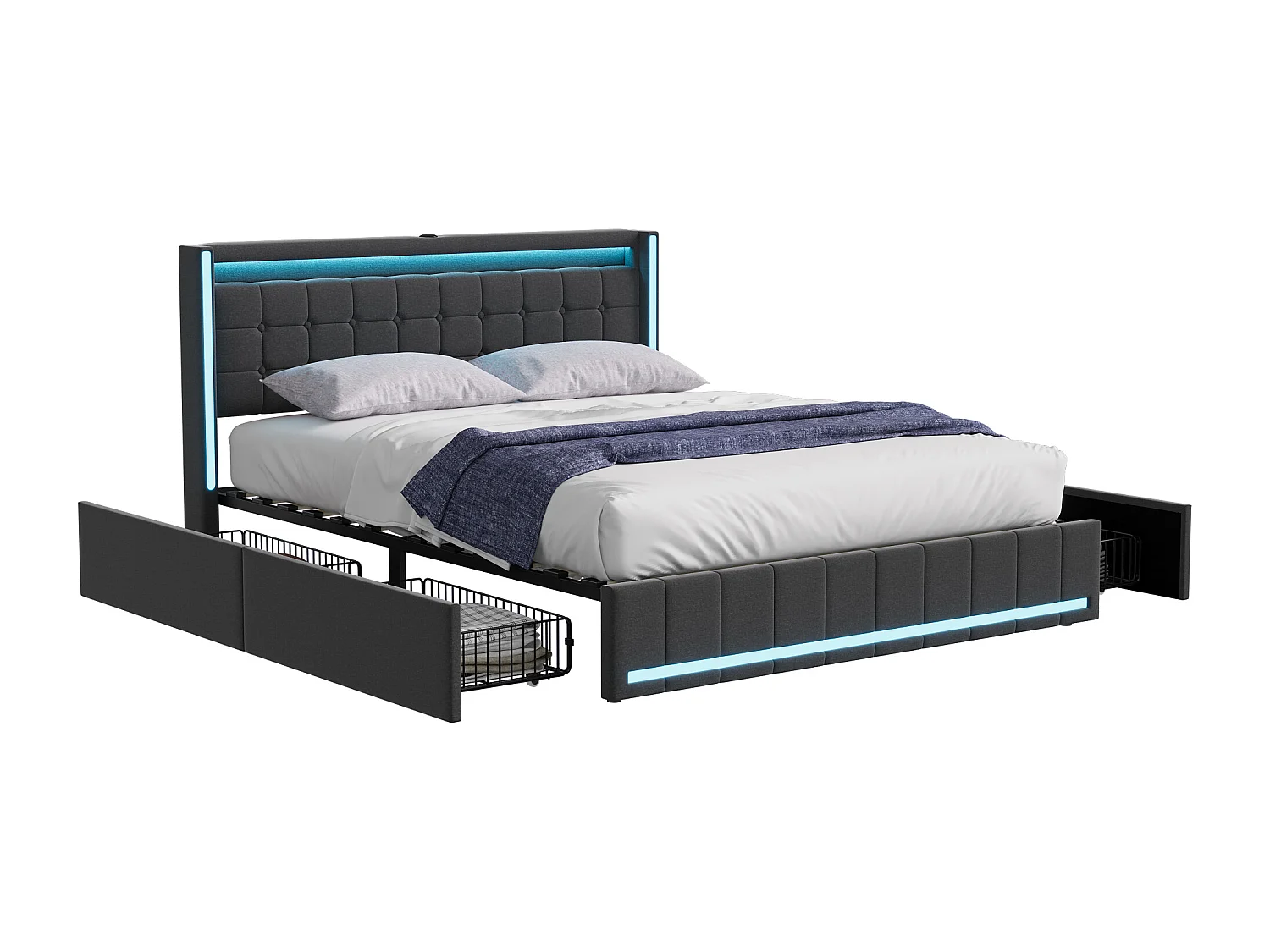 Cama de casal 140x200 cm cinza, LED, USB, 4 gavetas de metal, linho, prática e moderna para adultos