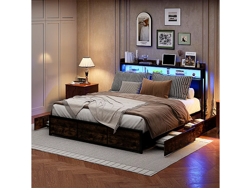 Lit 180x200 Cm Avec Sommier à Lattes, LED, 4 Tiroirs, Adolescents, Sans Matelas