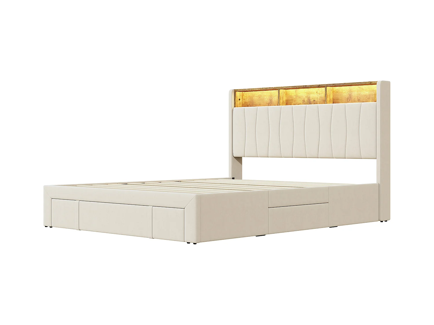 Base de cama 160x200 LED e USB, tipo C, cama de casal estofada com 4 gavetas, veludo, bege