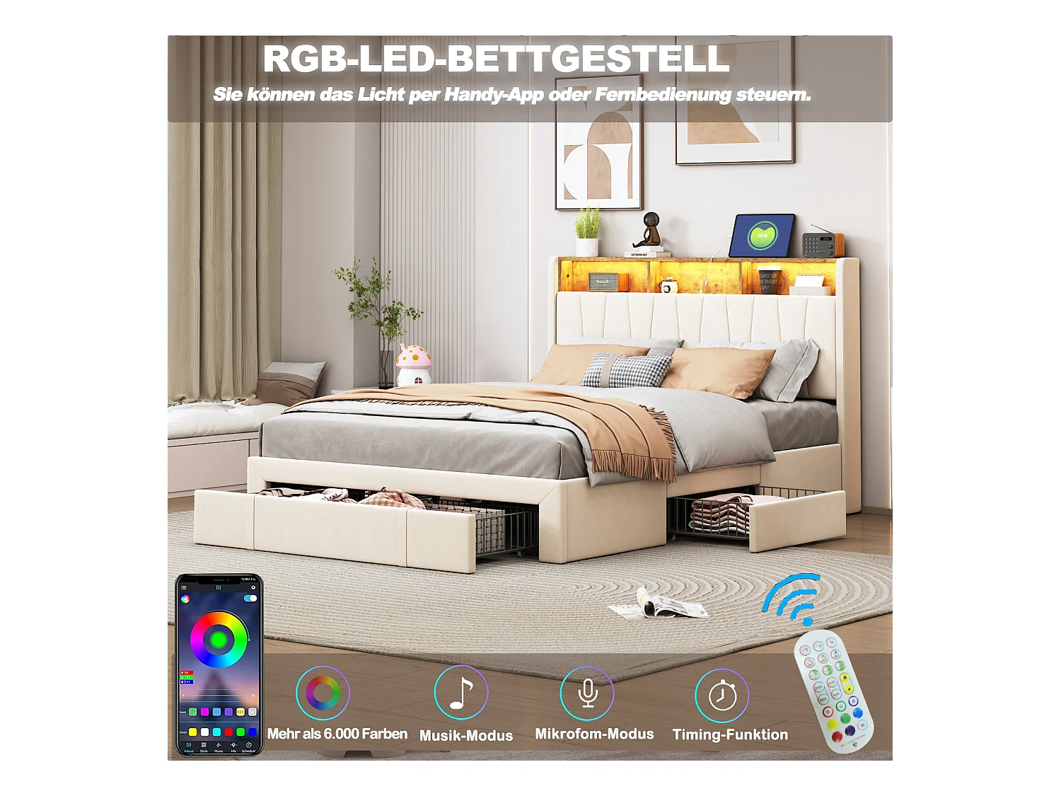 Base de cama 160x200 LED e USB, tipo C, cama de casal estofada com 4 gavetas, veludo, bege