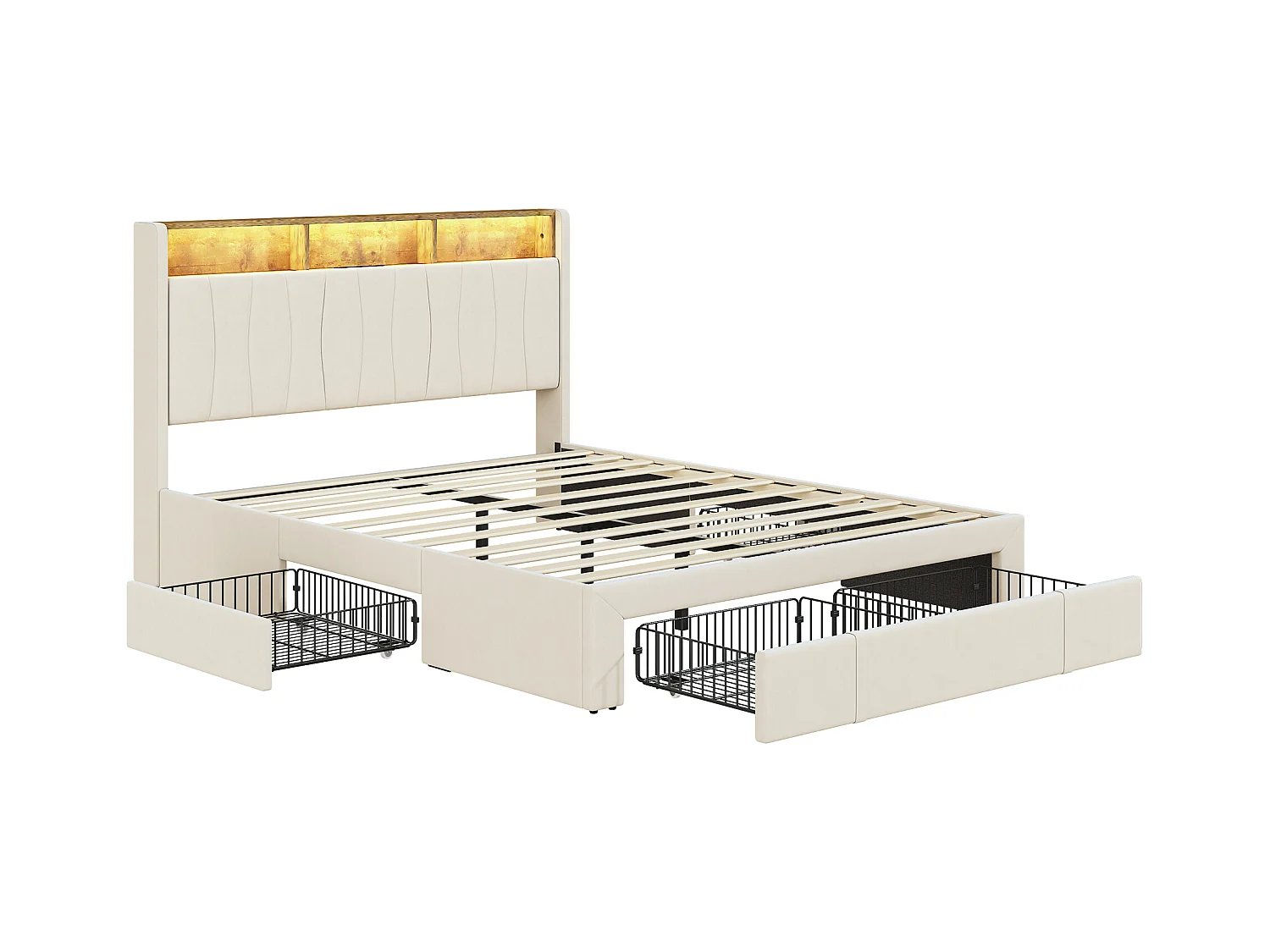 Lit 160x200 Sommier LED Et USB, Type-c,lit Capitonné Lit Double Avec 4 Tiroirs,velours, Beige