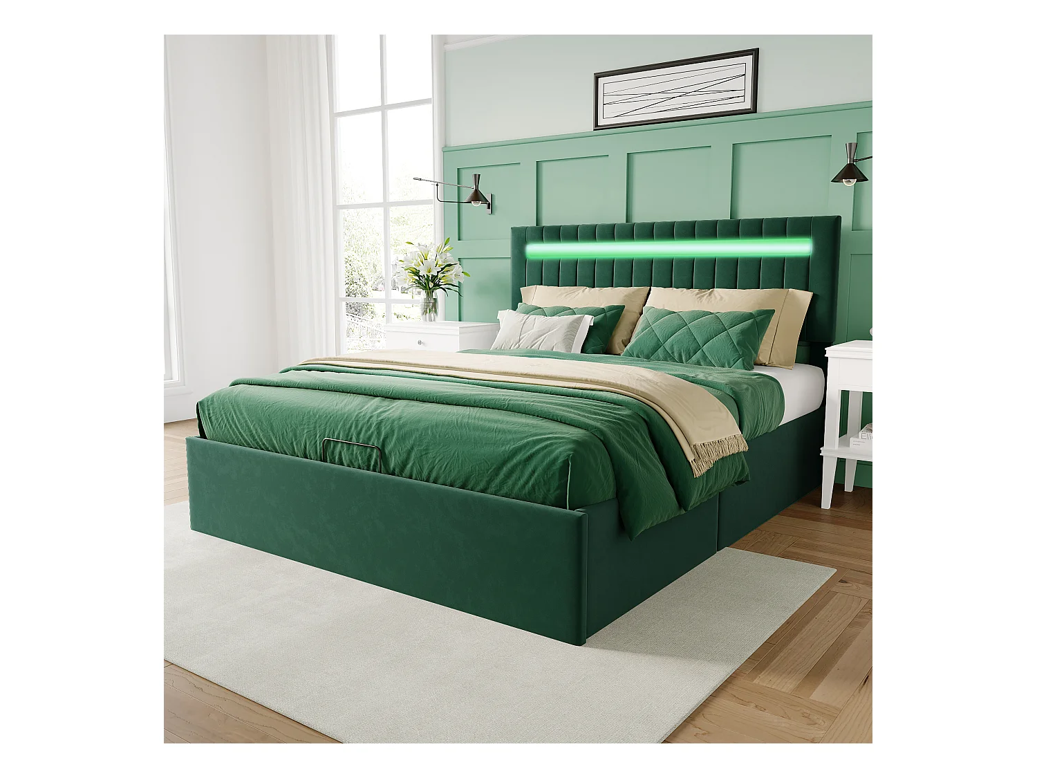 Cama de matrimonio 140 x 200 cm, con sistema hidráulico y LED, terciopelo verde, cabecero regulable en altura