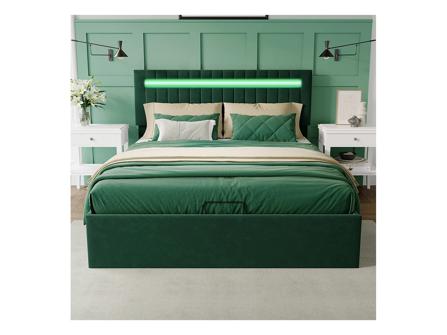 Cama de matrimonio 140 x 200 cm, con sistema hidráulico y LED, terciopelo verde, cabecero regulable en altura