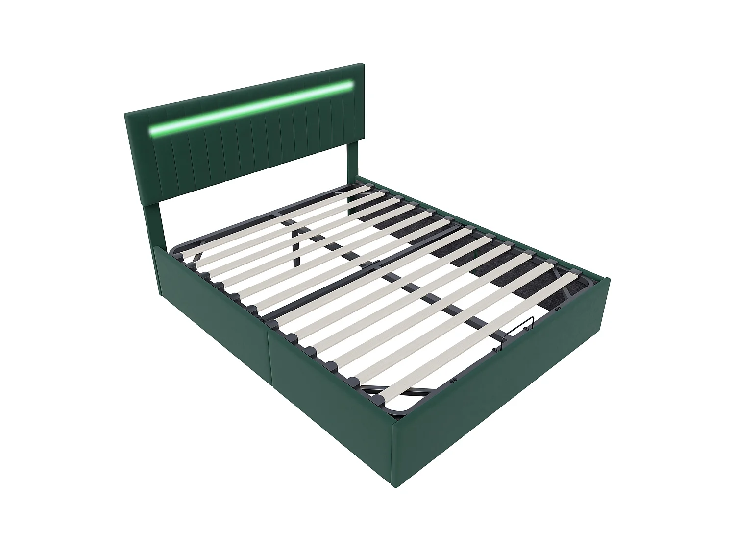 Cama de matrimonio 140 x 200 cm, con sistema hidráulico y LED, terciopelo verde, cabecero regulable en altura