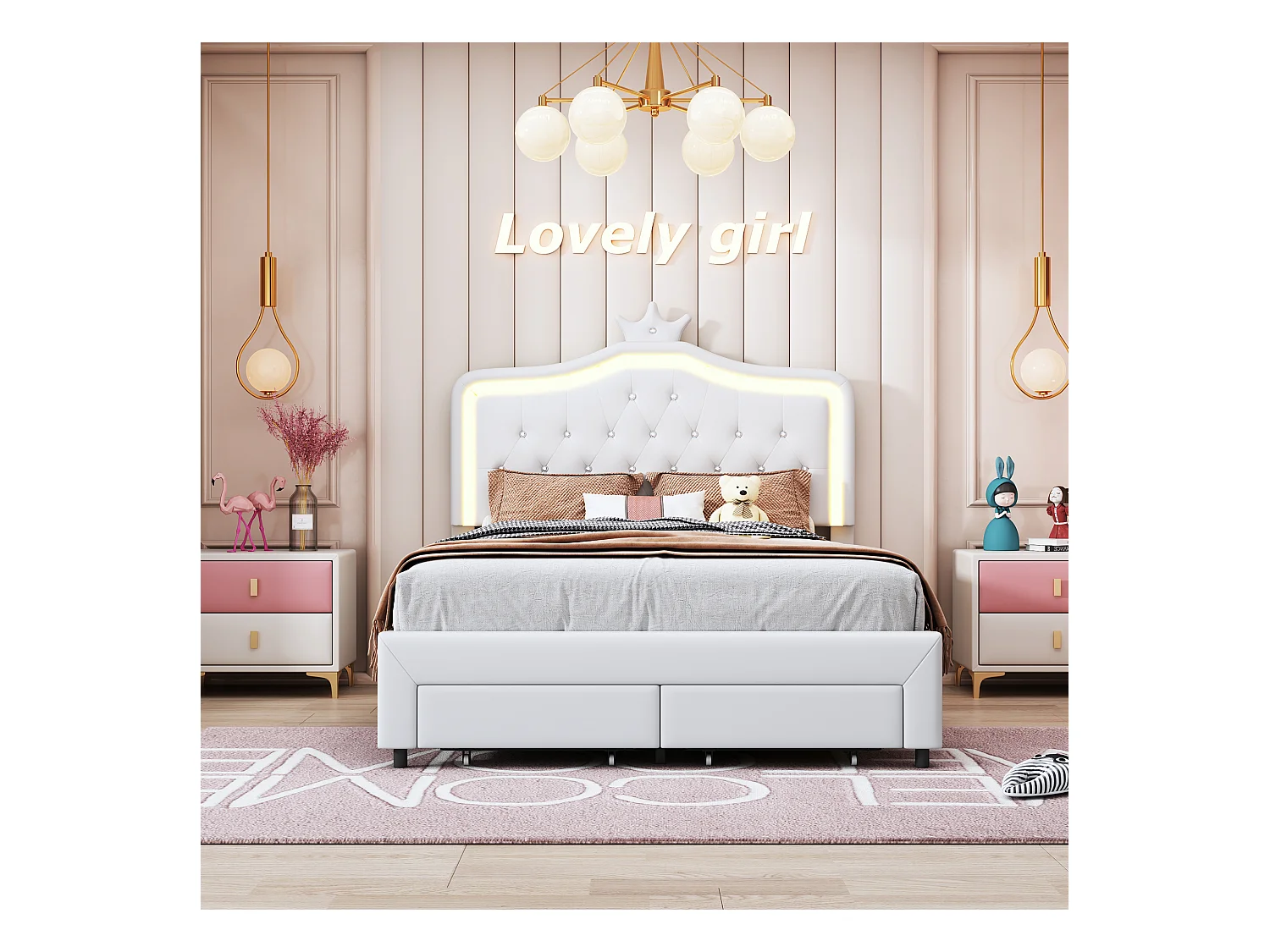 Lit Rembourré 140x200 Avec LED Tête De Lit, Sommier à Lattes En Bois, Blanc