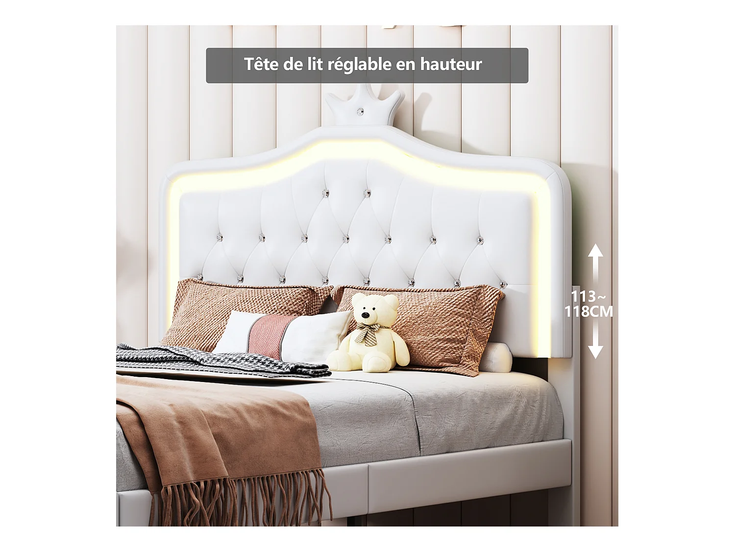 Lit Rembourré 140x200 Avec LED Tête De Lit, Sommier à Lattes En Bois, Blanc