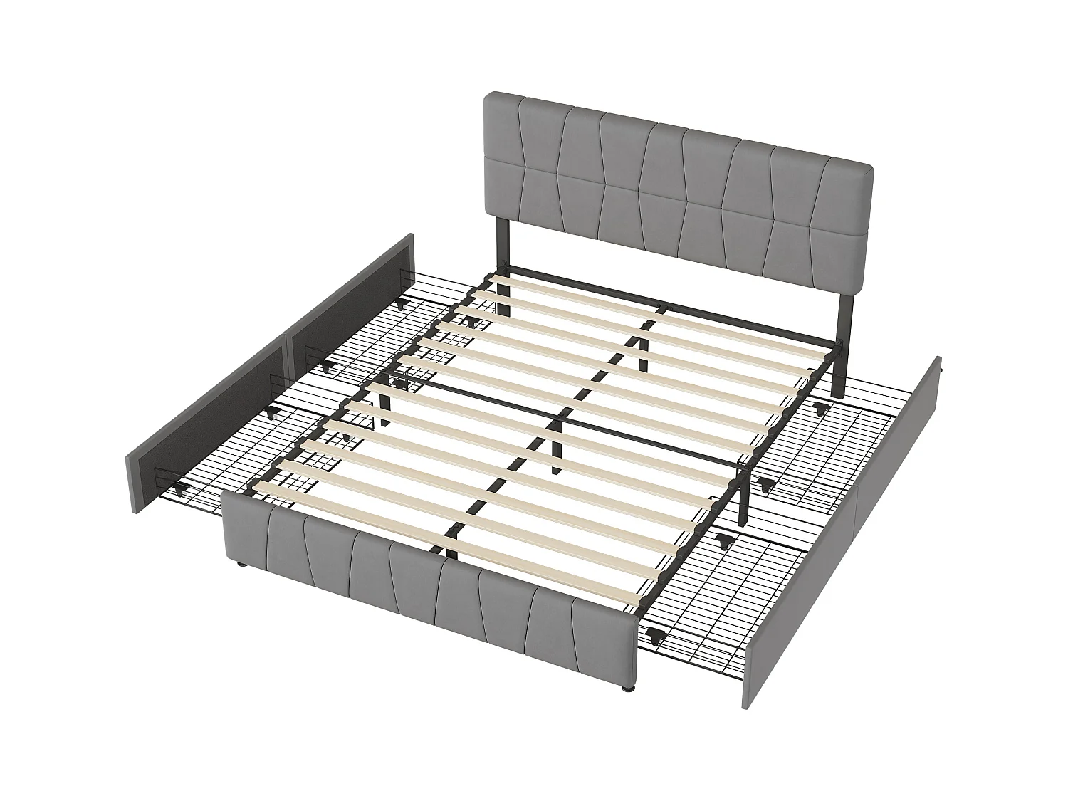 Lit Double 160x200 Cm, 4 Tiroirs En Fer, Sommier à Lattes, Structure En Métal, Tissu Velours, Gris