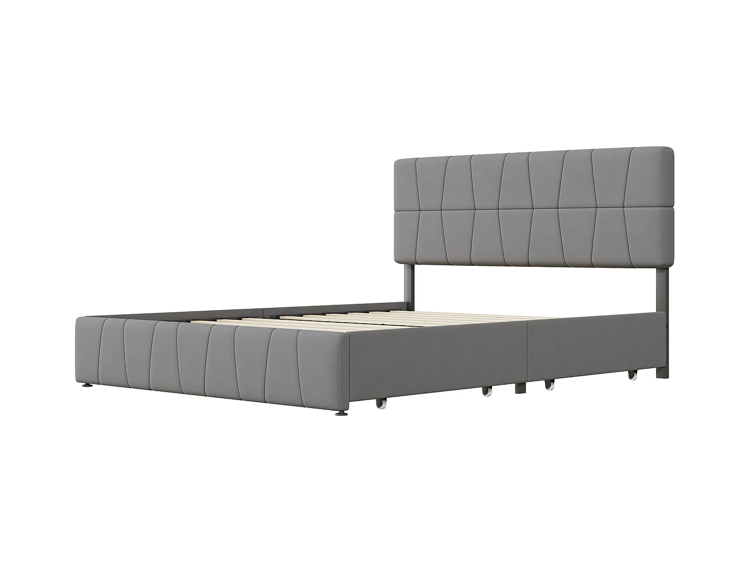 Lit Double 160x200 Cm, 4 Tiroirs En Fer, Sommier à Lattes, Structure En Métal, Tissu Velours, Gris