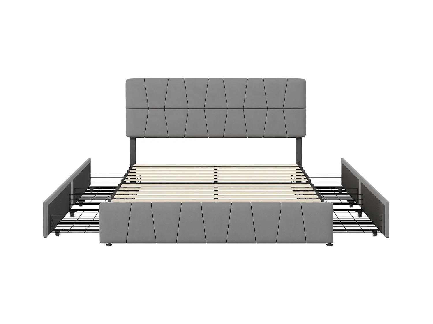 Lit Double 160x200 Cm, 4 Tiroirs En Fer, Sommier à Lattes, Structure En Métal, Tissu Velours, Gris