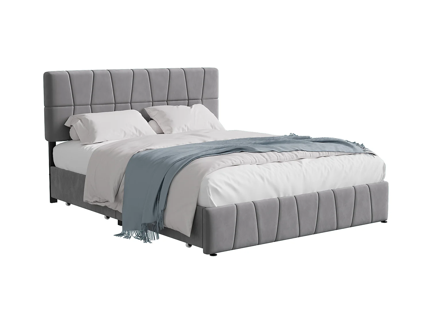 Lit Double 160x200 Cm, 4 Tiroirs En Fer, Sommier à Lattes, Structure En Métal, Tissu Velours, Gris