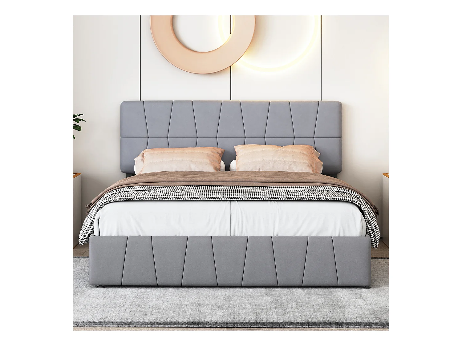 Lit Double 160x200 Cm, 4 Tiroirs En Fer, Sommier à Lattes, Structure En Métal, Tissu Velours, Gris