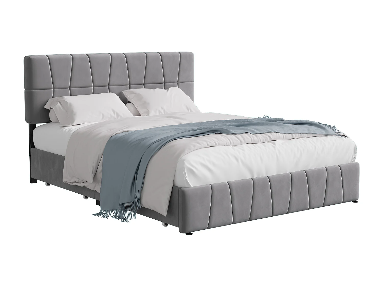 Tweepersoonsbed 160x200 cm, 4 ijzeren lades, lattenbodem, metalen frame, fluwelen stof, grijs