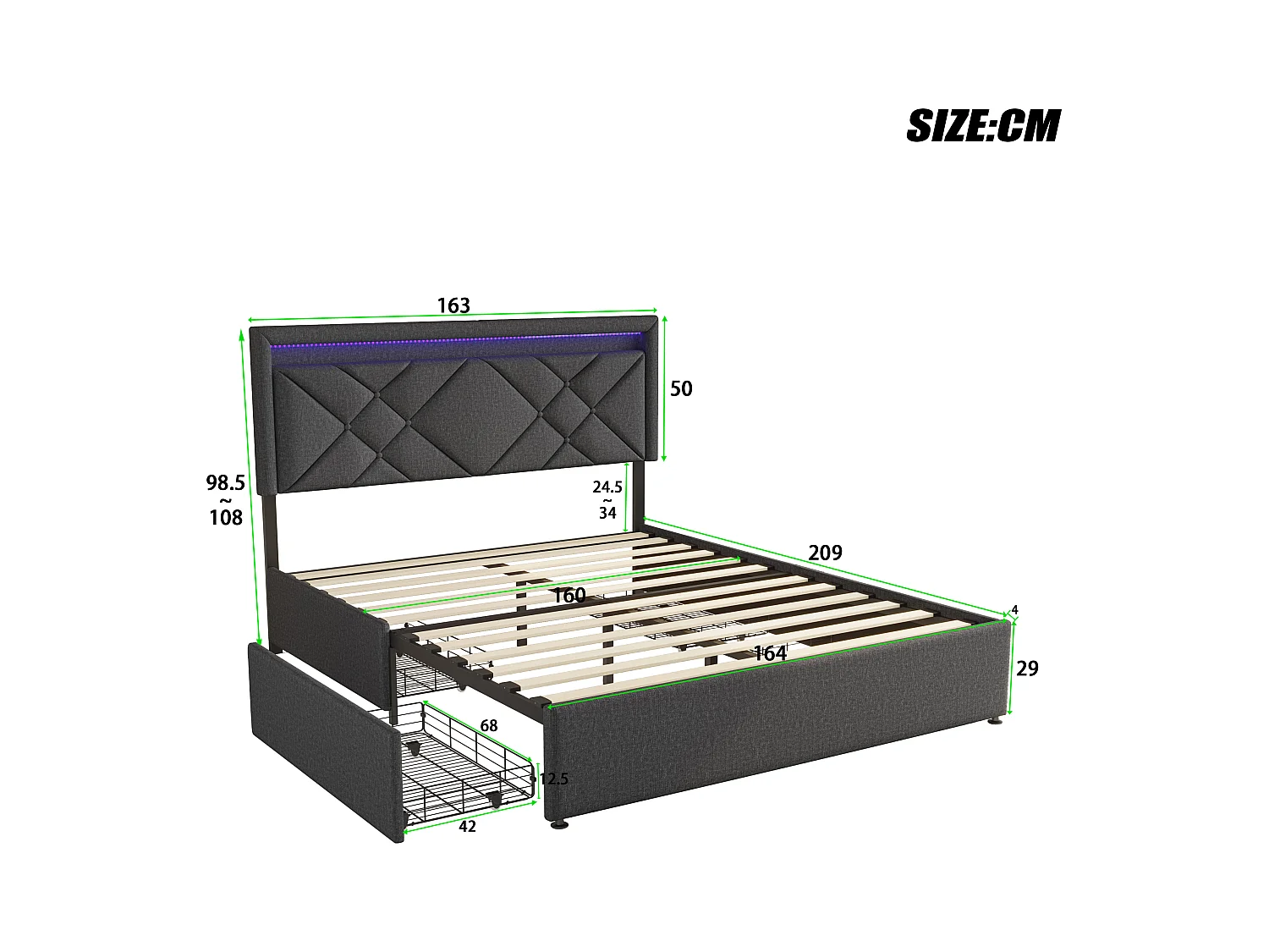 Lit Double 160x200 Cm, LED, USB Type C, 4 Tiroirs, Sommier à Lattes, Lin Gris Foncé