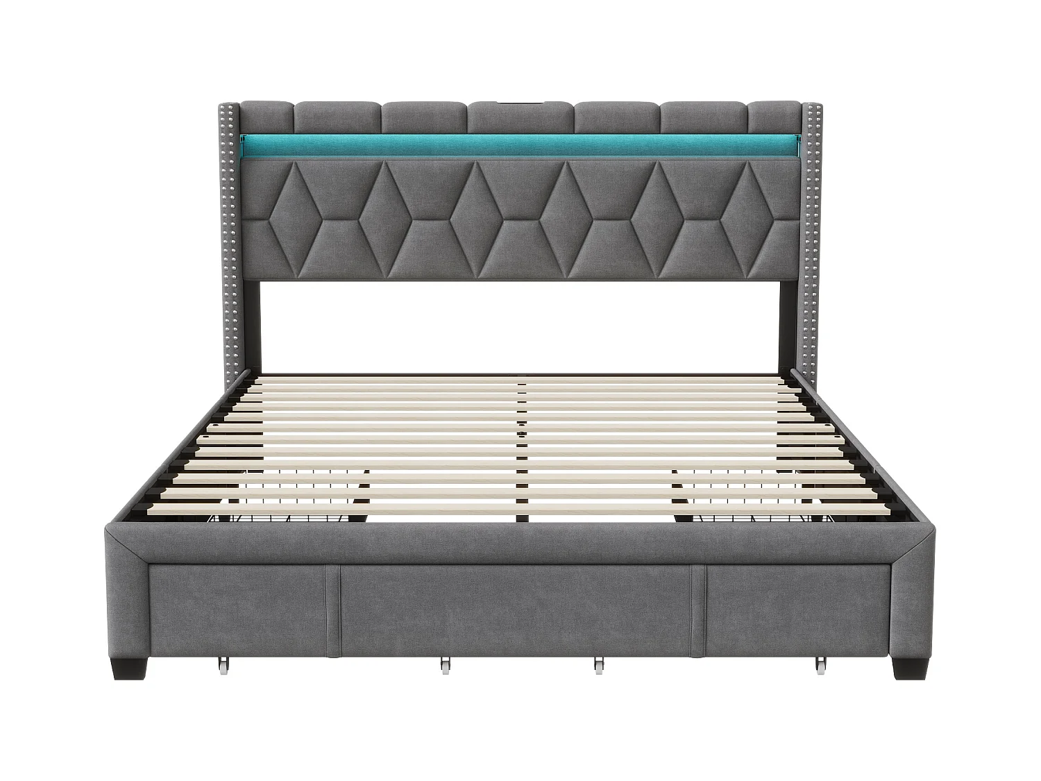 Doppelbett 160x200 cm, 4 Metallschubladen, LED + USB, Diamond Nachttisch, graues Leinen