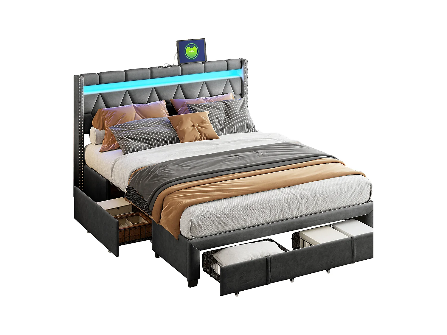 Doppelbett 160x200 cm, 4 Metallschubladen, LED + USB, Diamond Nachttisch, graues Leinen