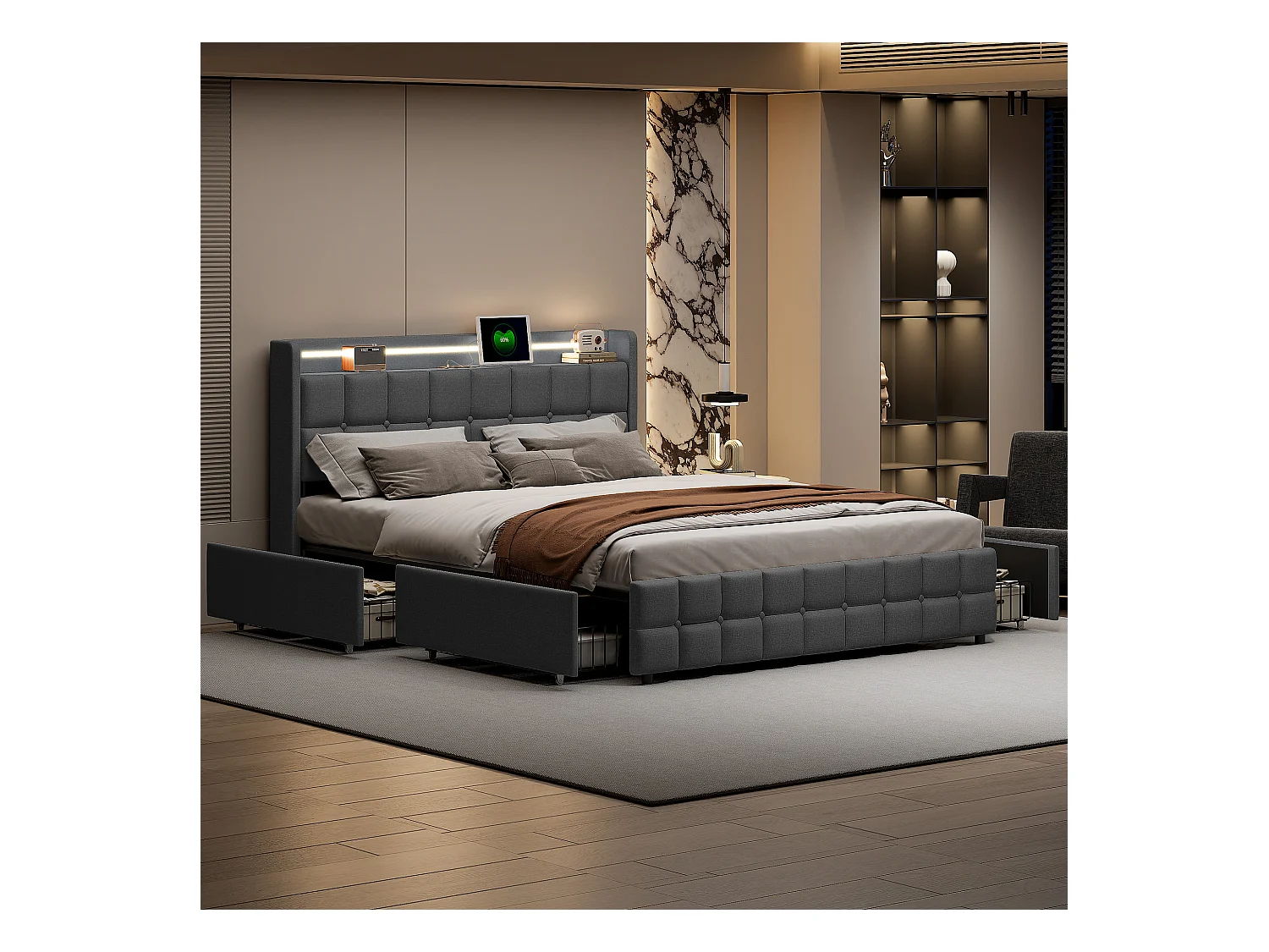 Lit Double 160x200 Cm Rembourré, Tête LED, 4 Tiroirs, USB, Lin Gris, Sans Matelas