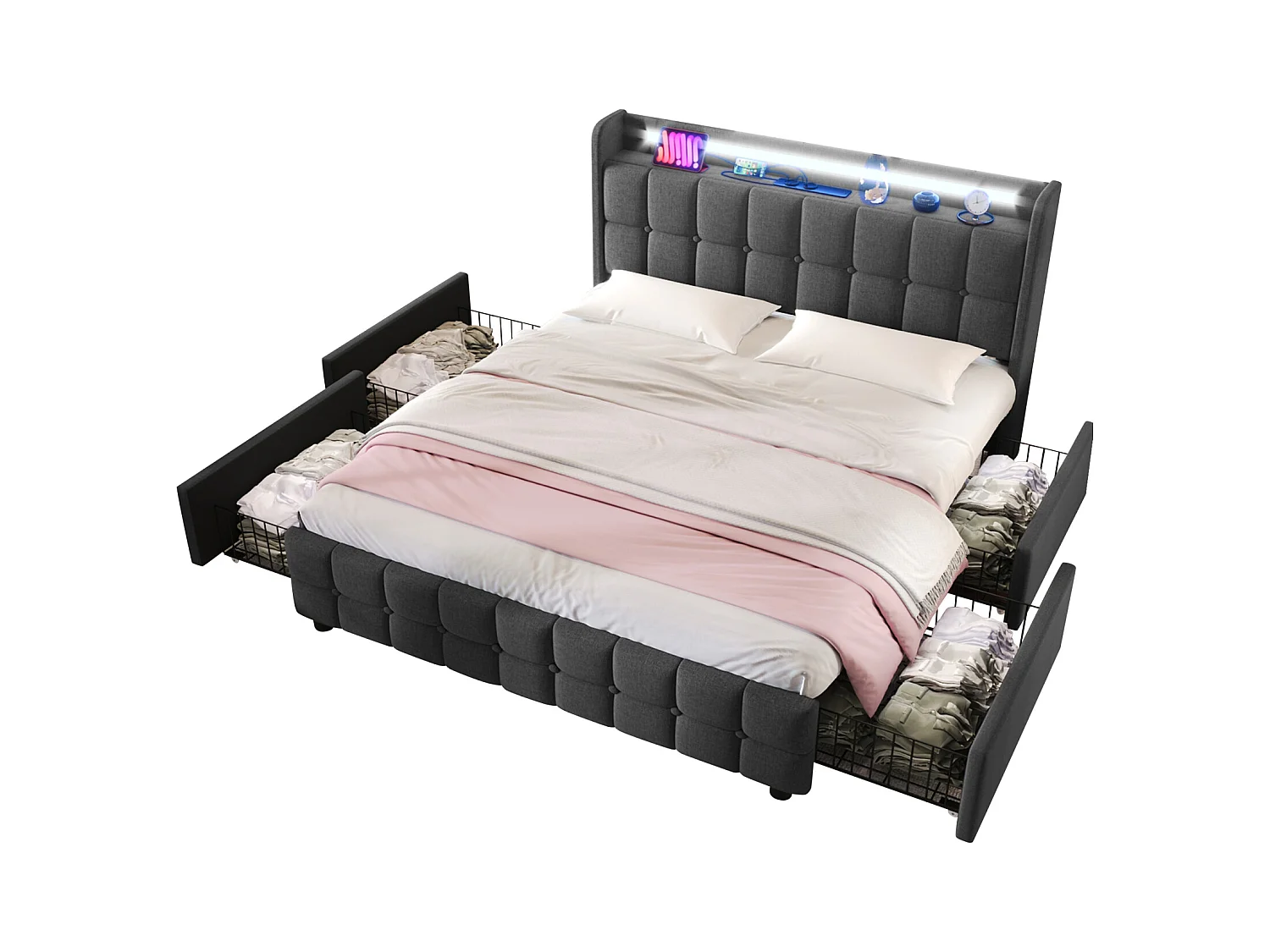 Lit Double 160x200 Cm Rembourré, Tête LED, 4 Tiroirs, USB, Lin Gris, Sans Matelas