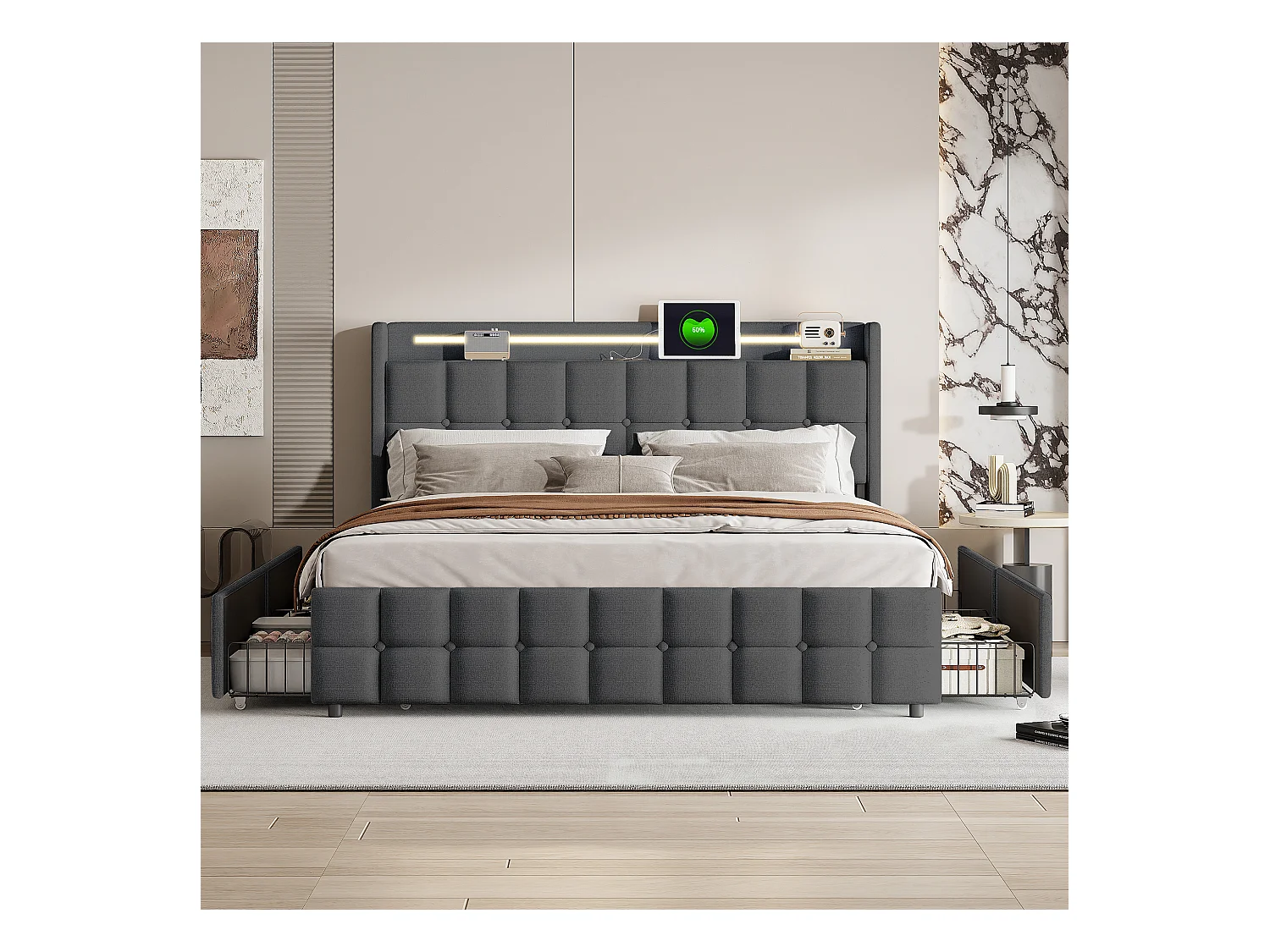 Lit Double 160x200 Cm Rembourré, Tête LED, 4 Tiroirs, USB, Lin Gris, Sans Matelas