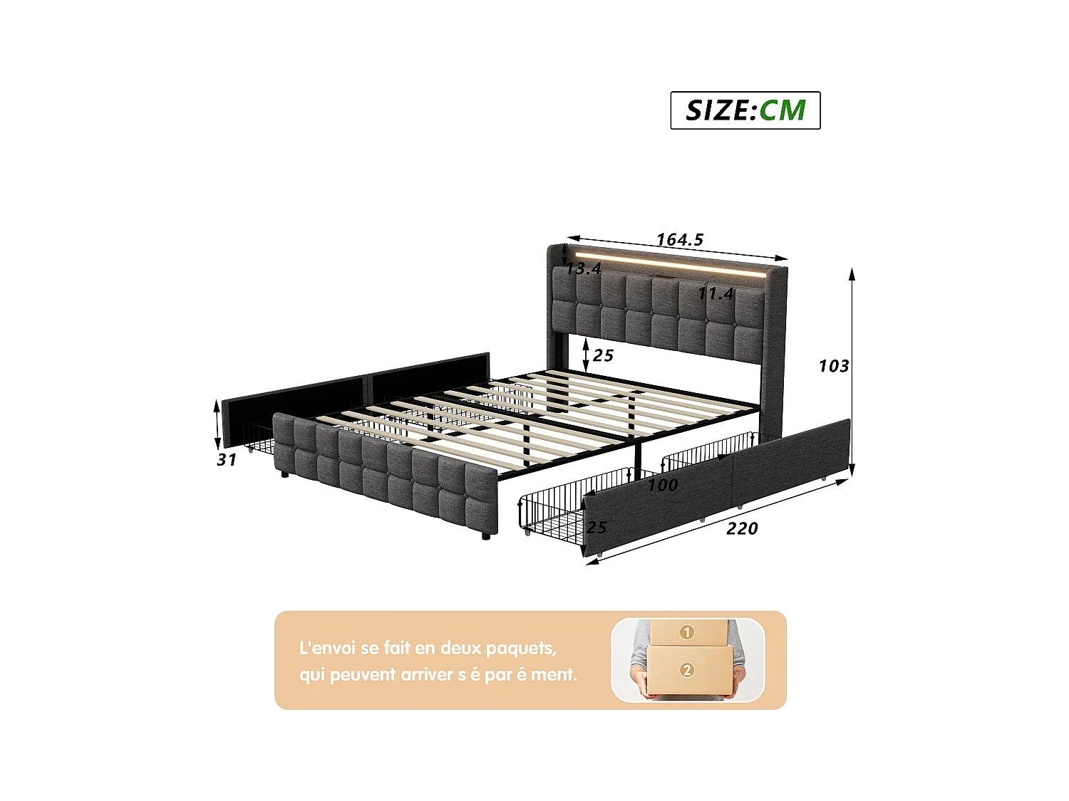 Lit Double 160x200 Cm Rembourré, Tête LED, 4 Tiroirs, USB, Lin Gris, Sans Matelas