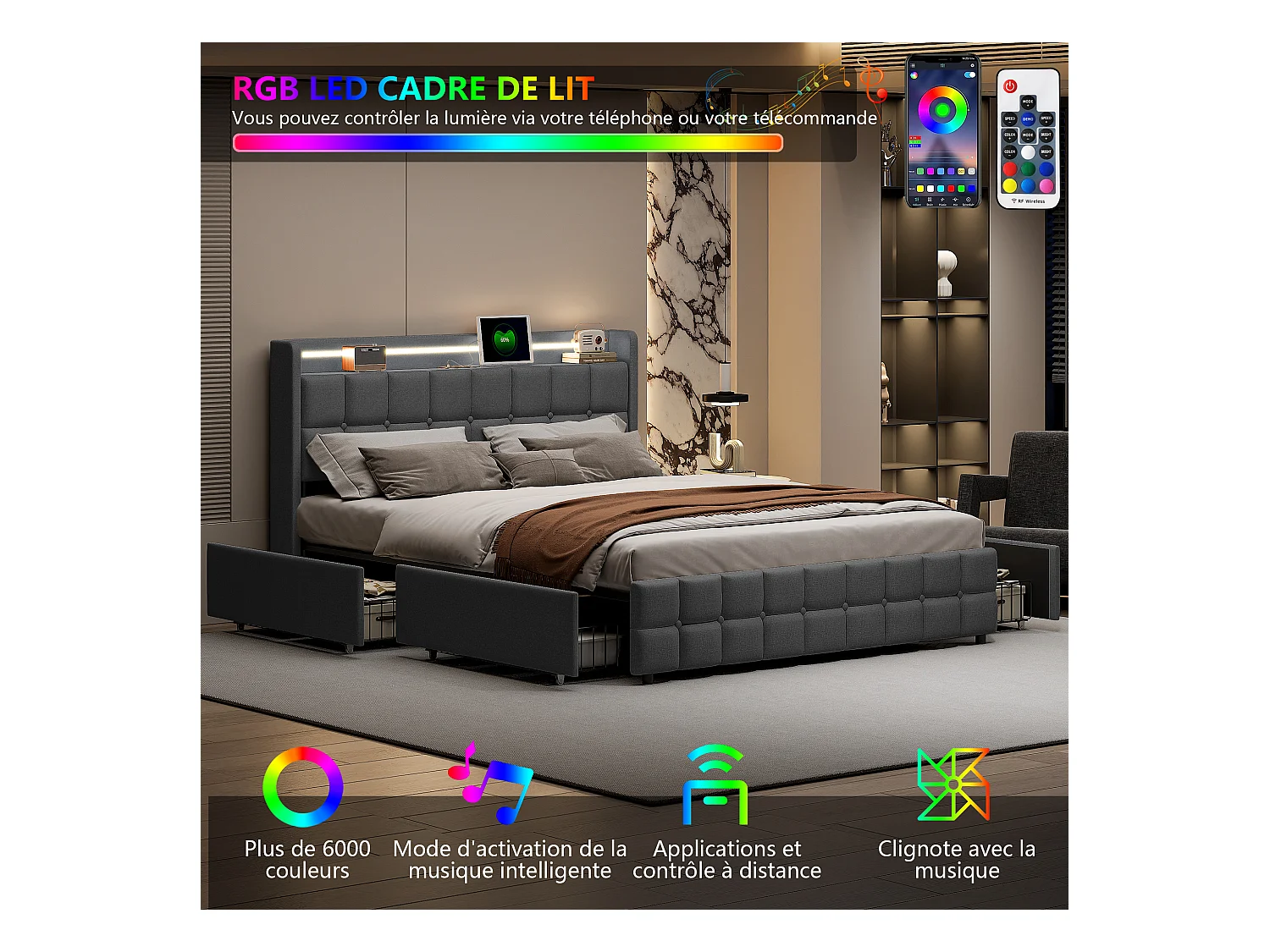 Lit Double 160x200 Cm Rembourré, Tête LED, 4 Tiroirs, USB, Lin Gris, Sans Matelas