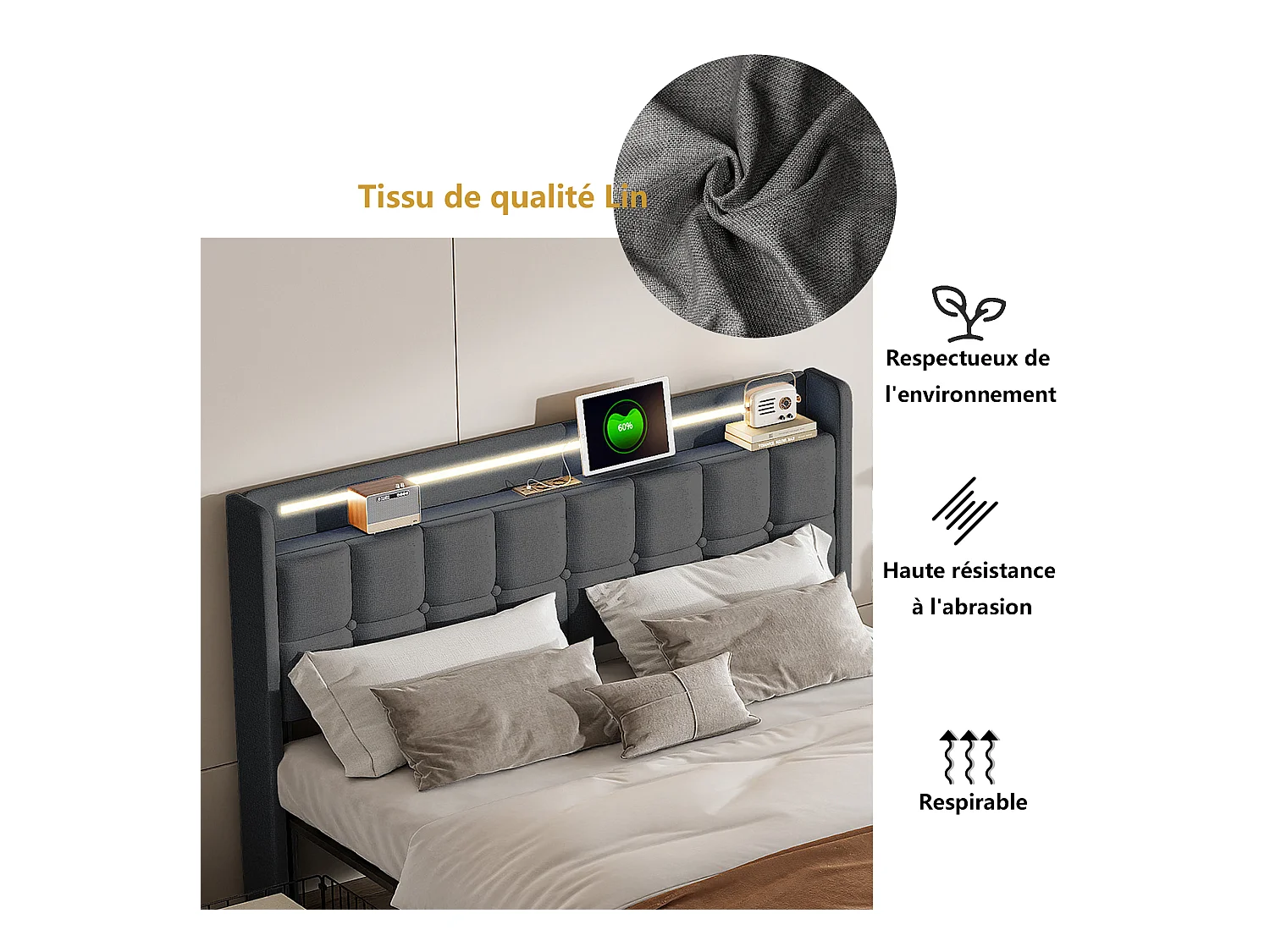 Lit Double 160x200 Cm Rembourré, Tête LED, 4 Tiroirs, USB, Lin Gris, Sans Matelas